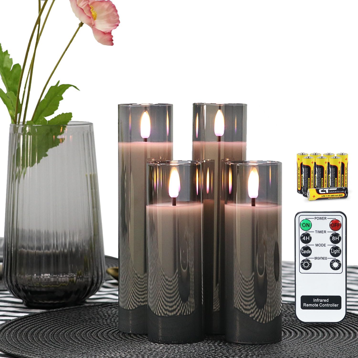 Rhytsing Glass Battery Operated LED Candles, White Slim Flameless Candles with Remote, Warm White Light, 8 Batteries Included - D 2‘’ - Set of 4 (Pearlescent)
