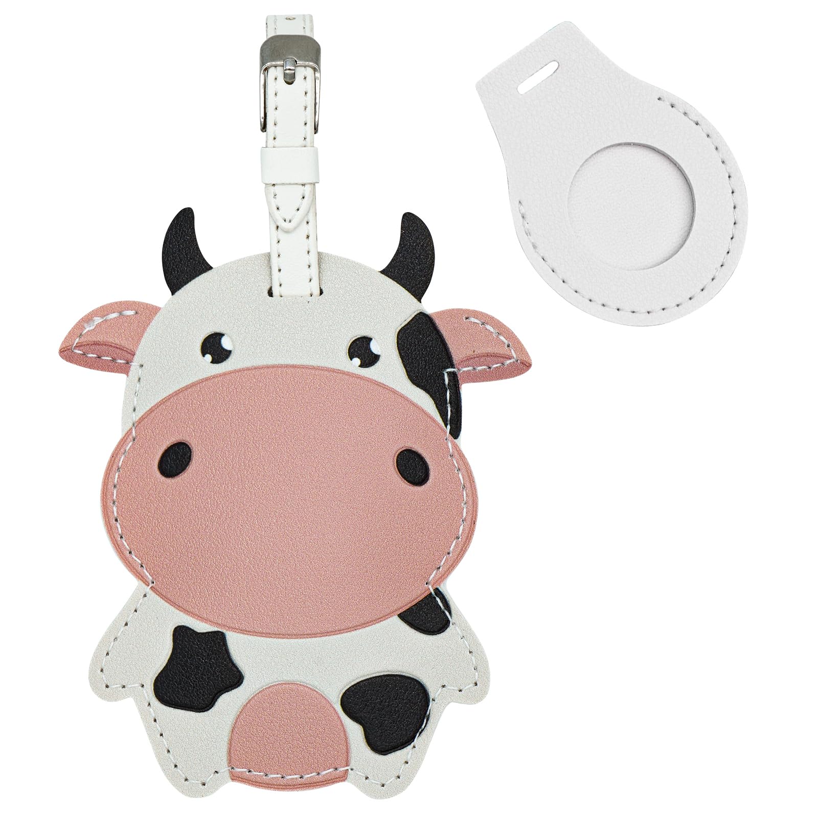XEEWEN Cute Luggage Tag Holder for Airtag, Leather Cow Travel Suitcase Tracking Case with Name ID Label