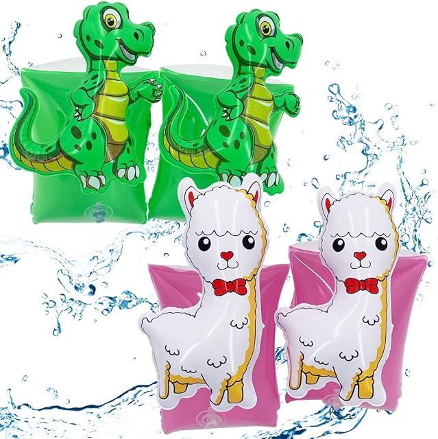 QSXX Inflatable Armbands for Kids 2 PCS Arm Bands Essential Equipment for Summer Swimming Learn to Swim Swimming Training Dinosaur Green+Pink Alpaca PVC Buoyancy Cartoon Baby arm Ring Sleeves