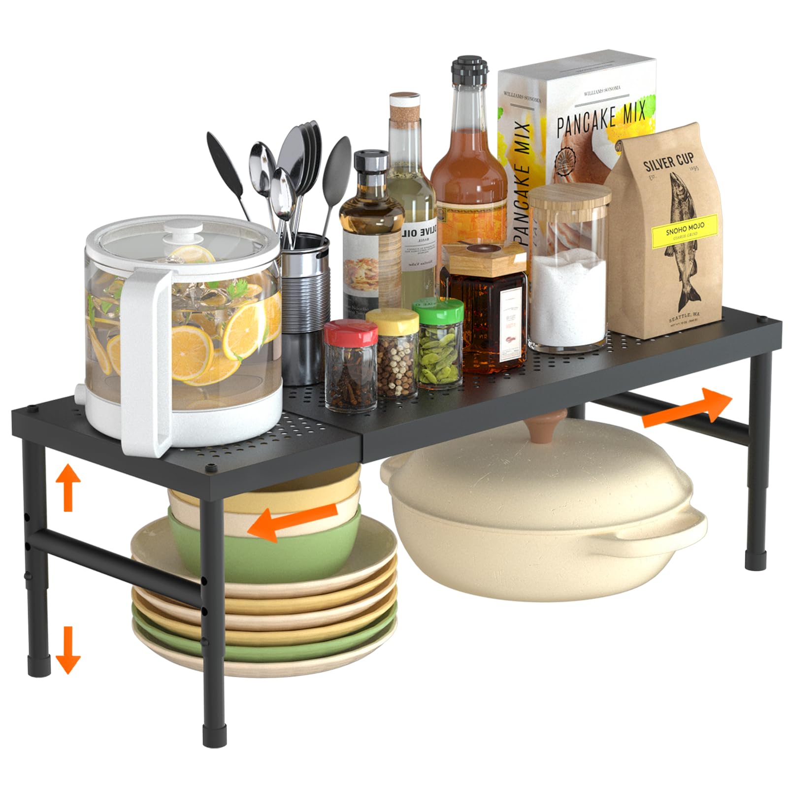 SKYSER Spice Rack kitchen Cupboard Shelf Organiser, Expandable Kitchen Shelf Organiser, Adjustable height, suitable for kitchen, cabinet, study, bathroom (Black)