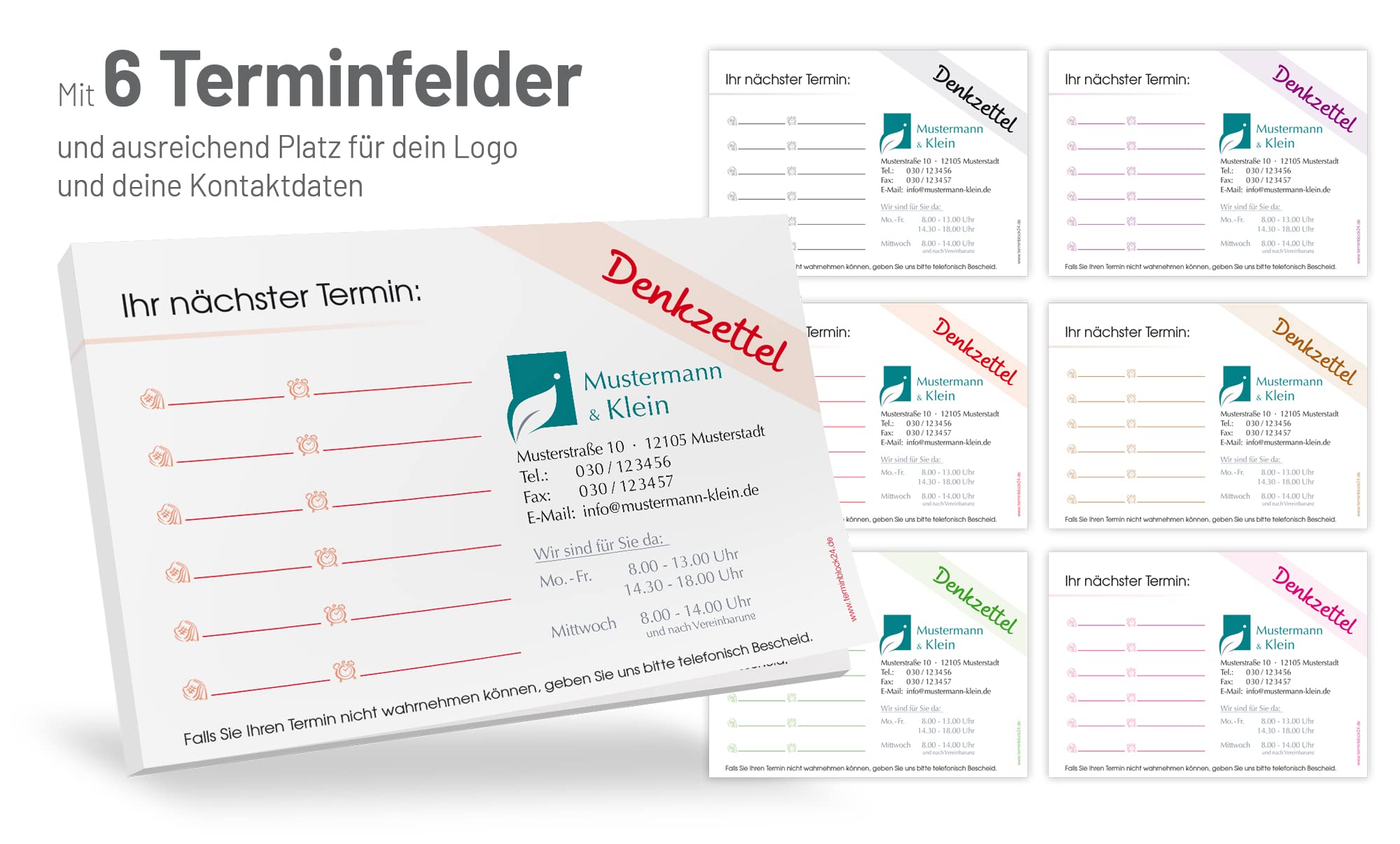 200 Terminblöcke Classic #1 individuell bedruckt mit Ihrem Text und Logo! 50 Blatt je Block, 74 x 105 mm (DIN A7), quer, mehrere Grundfarben und Terminfelder wählbar