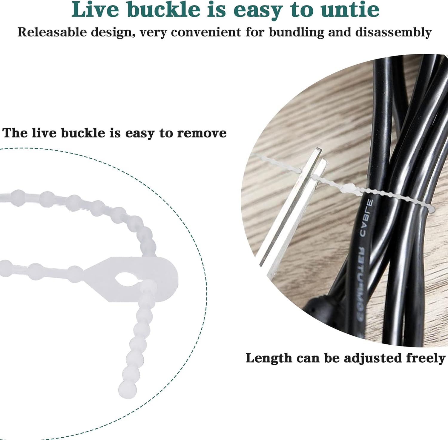 Pasow Beaded Cable Tie Wrap Releasable Reusable Zip Ties Adjustable Self Locking Nylon Cable Zip Ties - 100 Pack (8 Inch)