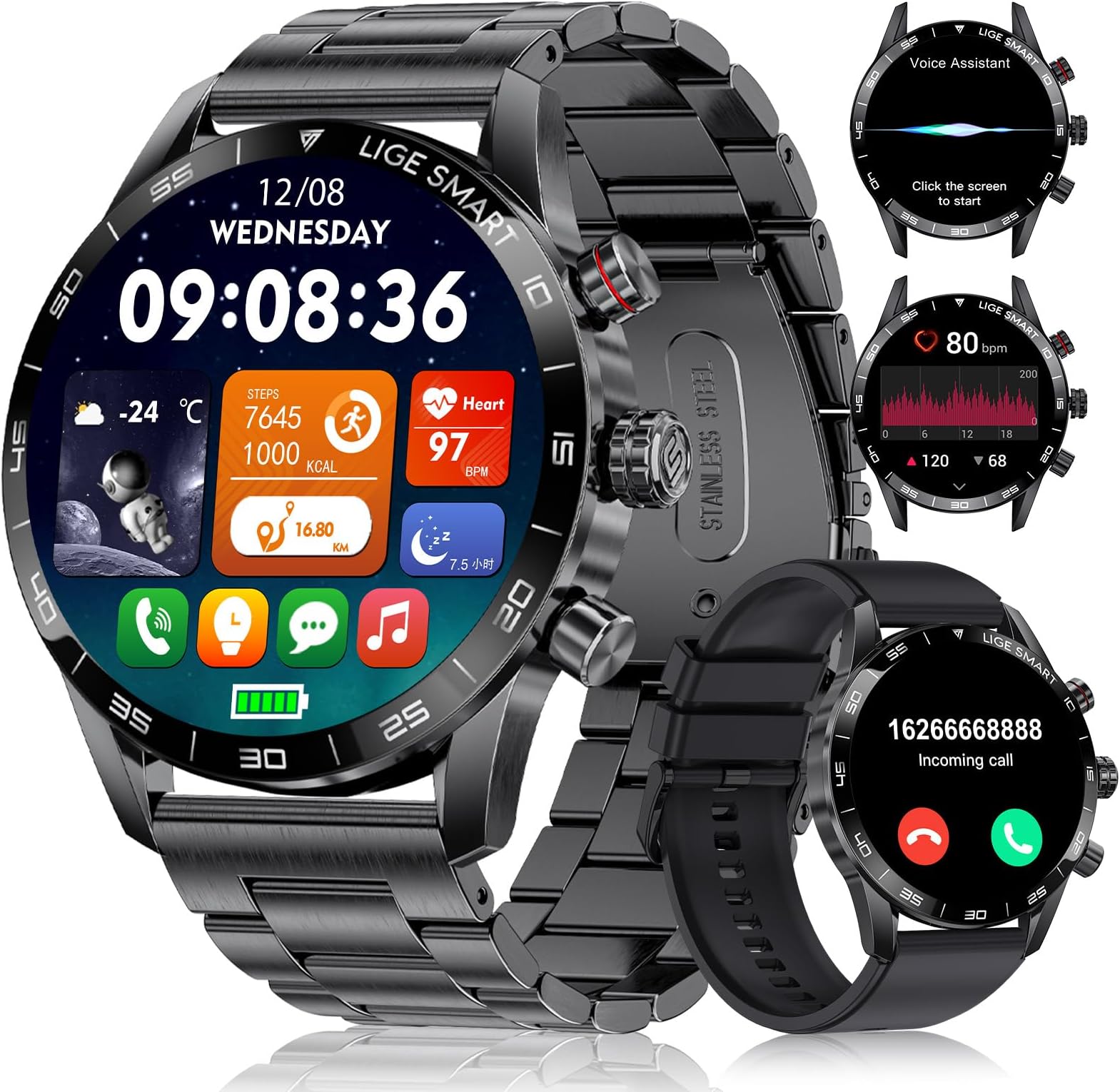 LIGE Smart Watches for Men,1.43“ Amoled Display with Bluetooth Calls/Message Push, 100+ Sport Modes Blood Pressure/Heart Rate Tracker IP67 Waterproof Smartwatch for Android iOS Phones Black