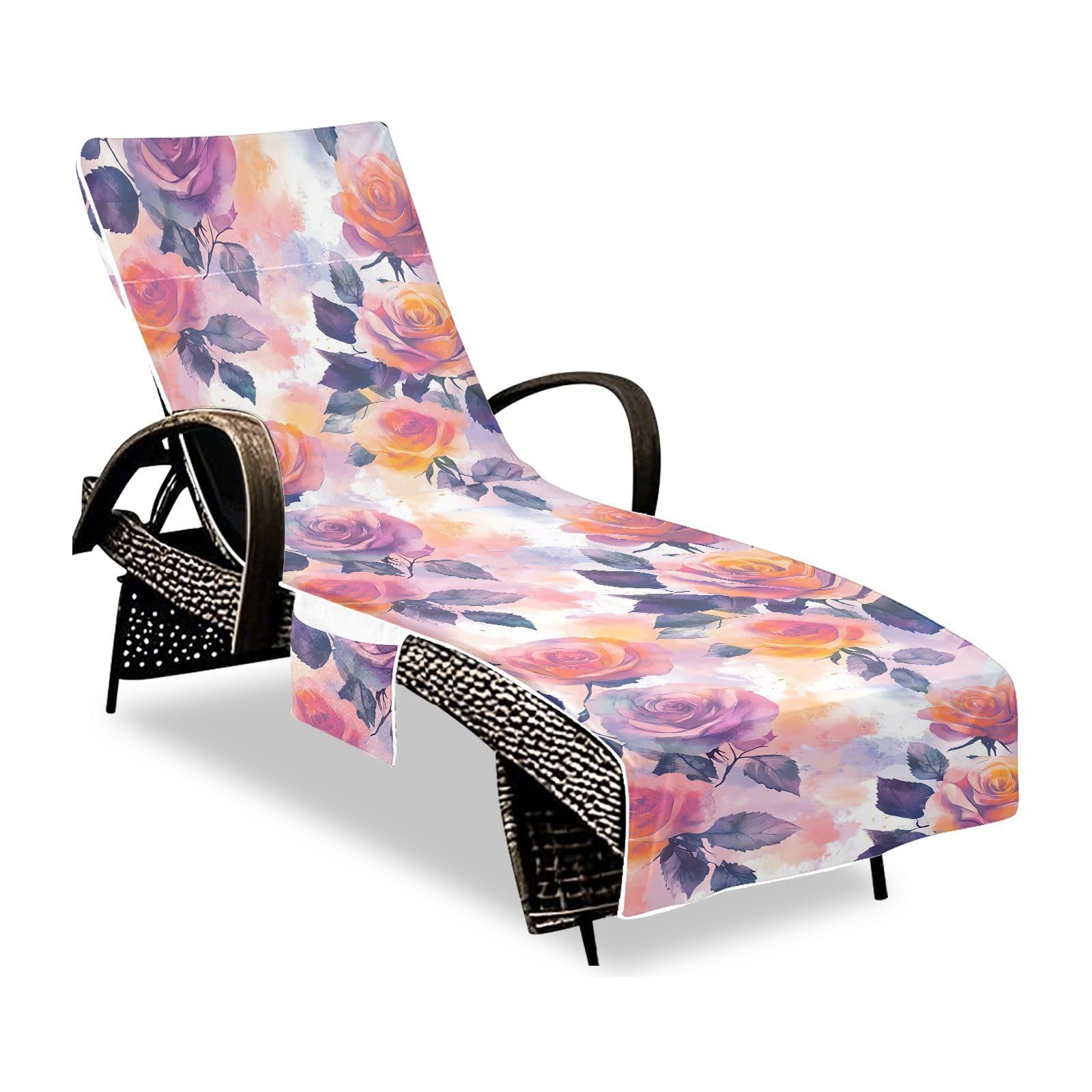 BOESI Watercolor Color Roses Beach Chair Towel, Outdoor Pool Chair Cover, with Pockets, Suitable for Outdoor Beach Garden Sunbathing, 85'' x 30''