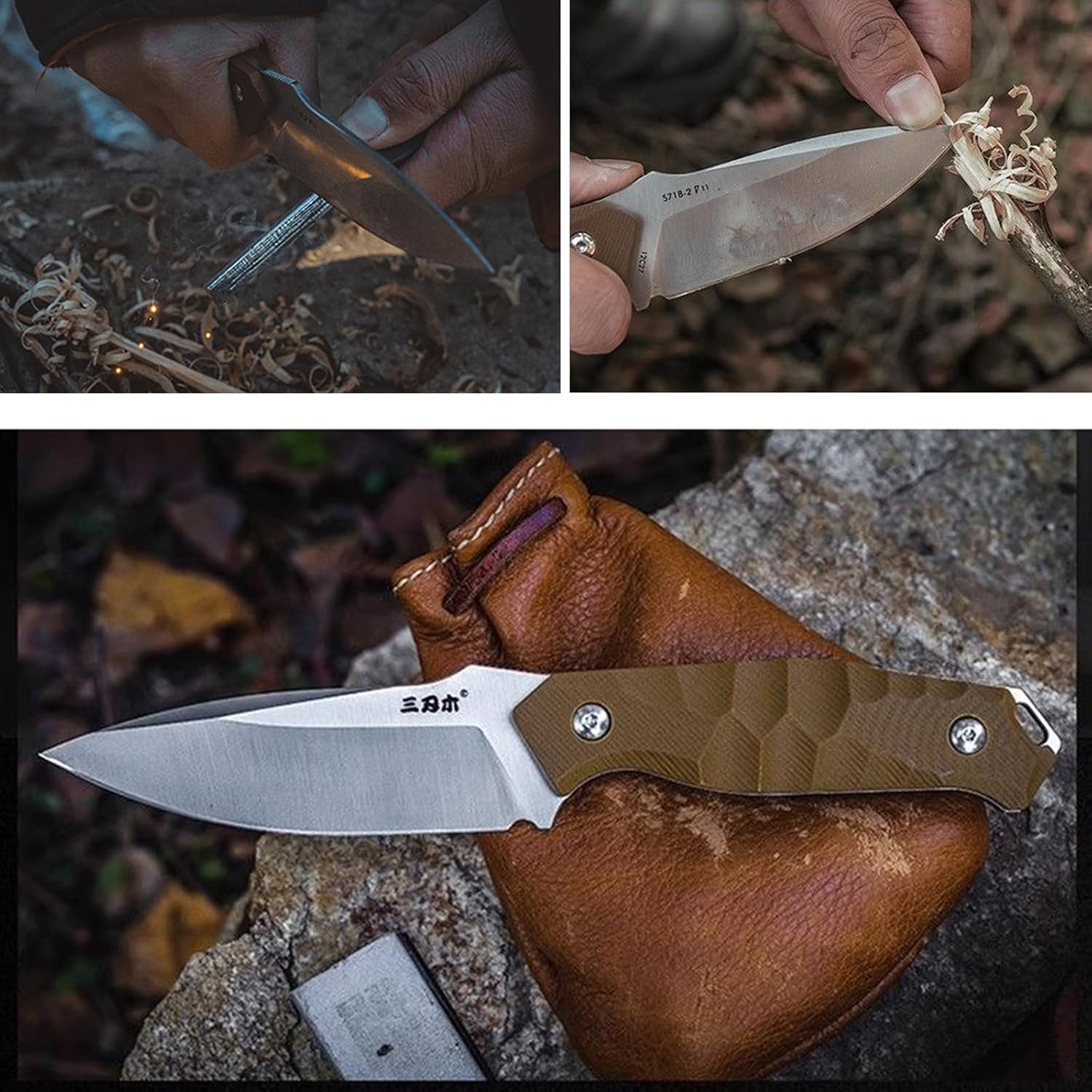 Sanrenmu Fixed Blade Knife with Sheath Outdoor Knife G10 Handle 12C27 Steel Material Blade 3.94 Inch S718 (Brown)