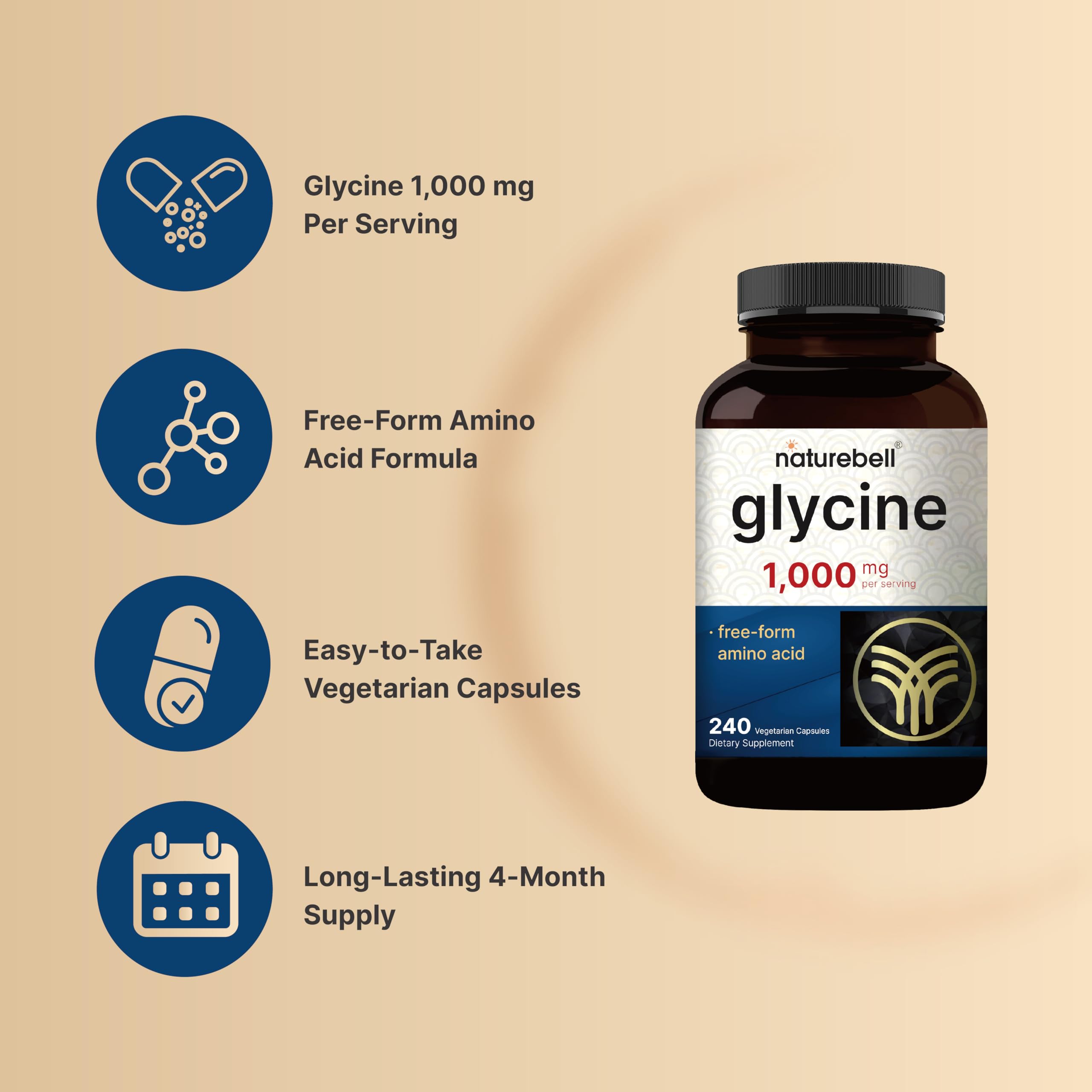 NatureBell Glycine 1,000 mg Per Serving, 240 Vegetarian Capsules – Free-Form Glycine Supplement – 120 Servings – Non-GMO, Gluten Free — Amazon image 3
