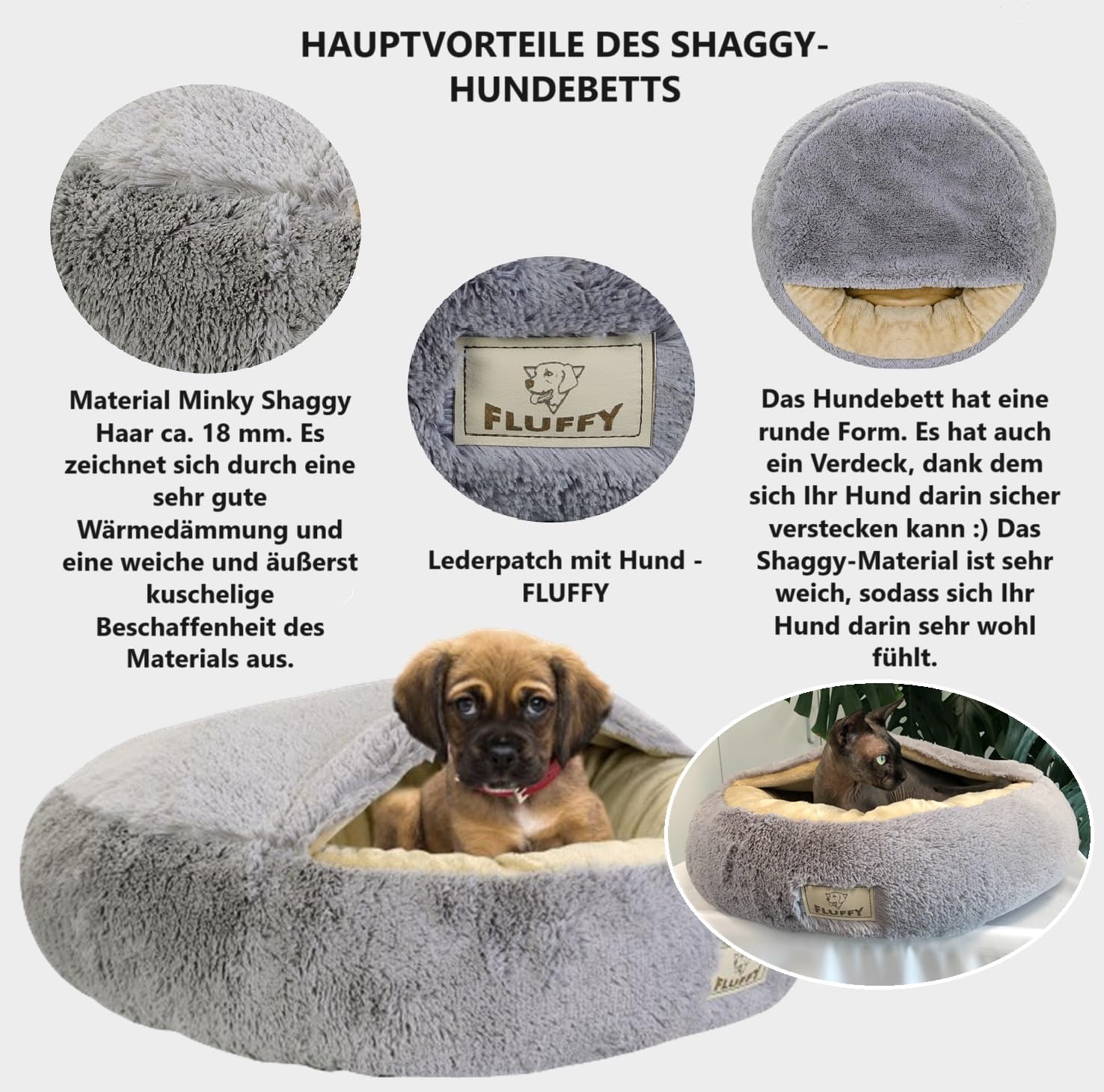 KING DOG Hundebett Ø 70 cm überdachtes Hundebett Katzenhöhle Donut-Bett Plüsch-Kunstfell-Nest Flauschiges Rundes Hundekissen Hundesofa Katzenbett für kleine mittelgroße Hunde