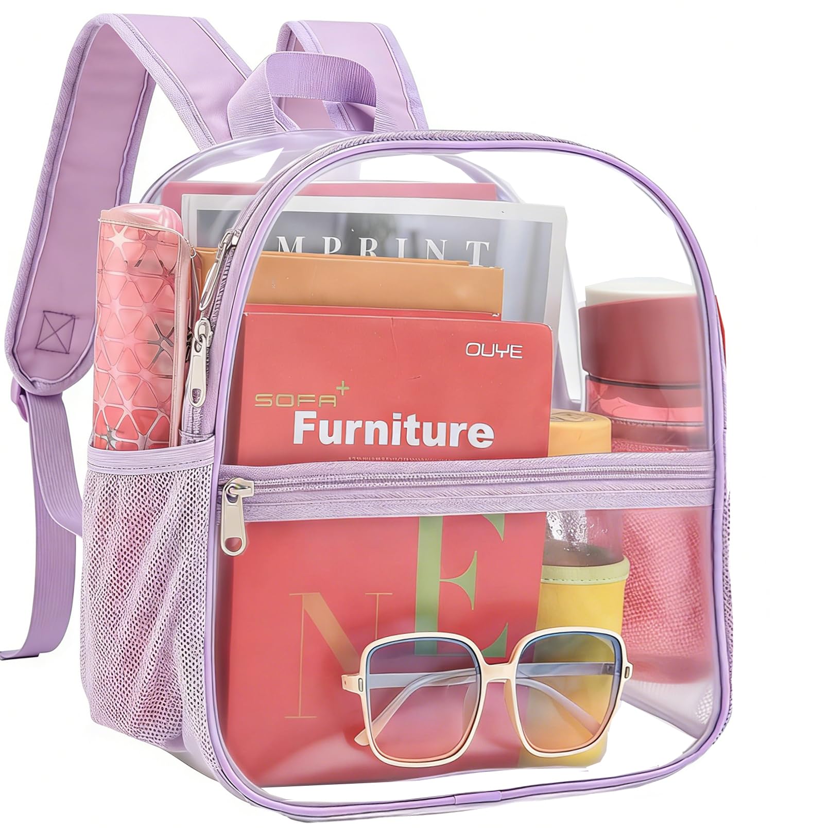 Busiuw Clear Backpack for Stadium Events 12x12x6 Mini SmallSports Fan Backpacks with Front Pocket for Concert Sport Events Work Travel(Light purple)