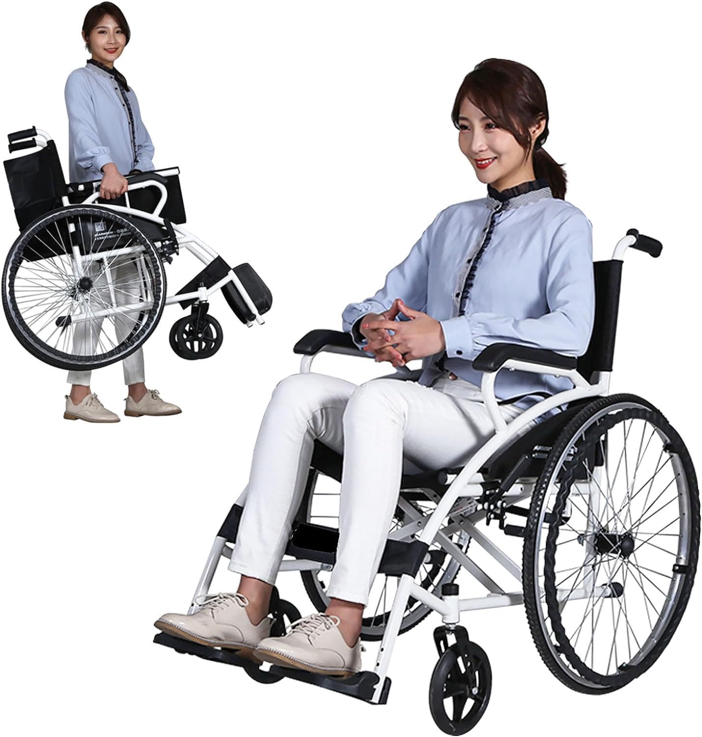 Silla de Ruedas Plegable Ligera con Freno, Silla de Ruedas de Viaje con Reposapies Plegables, Pesa Solo 15.8 KG Cuando Esta plegada, Puede Caber facilmente en el Maletero de un Coche.