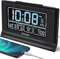 DreamSky Auto-Set Alarm Clock for Bedroom: 5" Large Display, Battery Backup, USB Charging Port, Auto DST, Full Dimmer, Temp/Date - 4.6 Stars