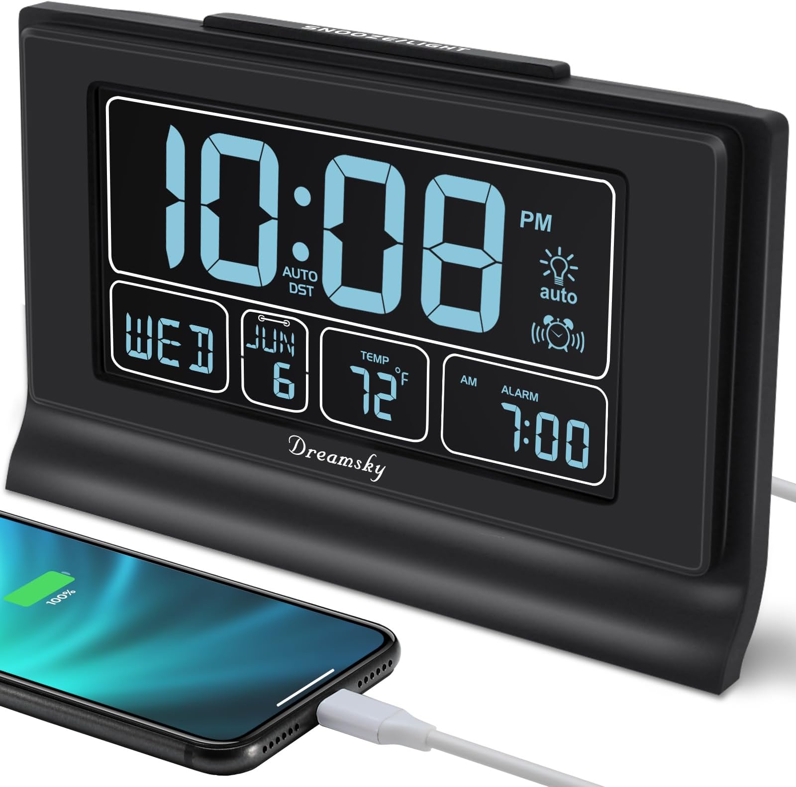 DreamSky Auto Set Digital Alarm Clock with USB Charging Port, 6.6" Large Screen with Time/Date/Temperature Display, Full Range Brightness Dimmer, Auto DST Setting, Snooze, Backup Batteries,12/24Hr.