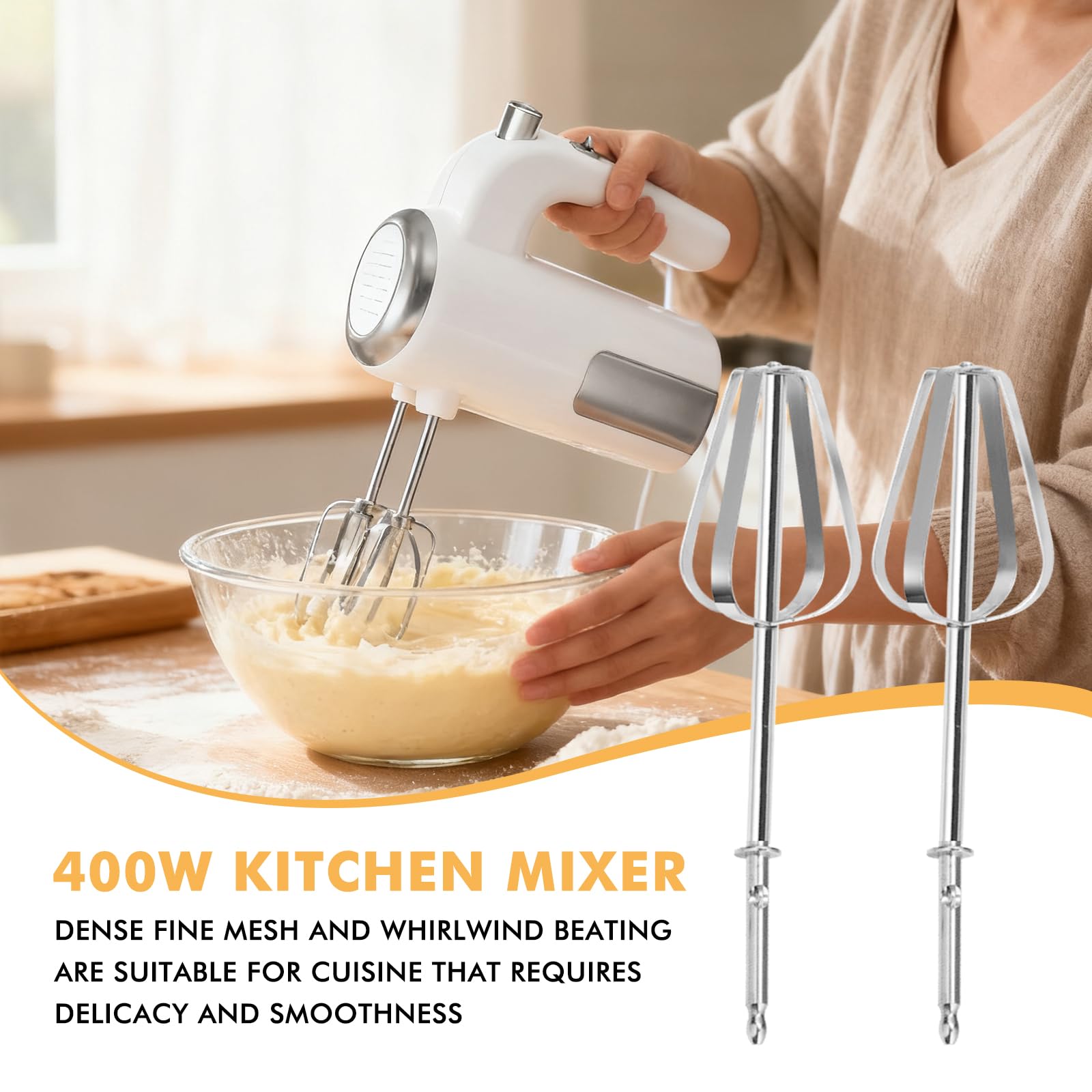 Batteur électrique 400W Avec 5 Vitesses + Turbo - 2 Fouets Et 2 Crochets Pétrisseurs - Pour Pâtisserie Et Cuisine