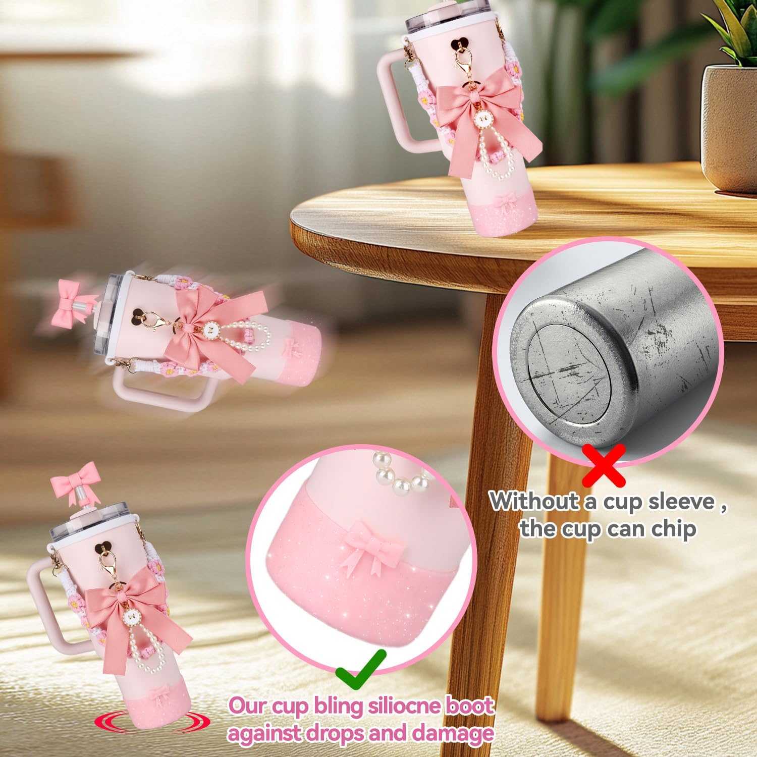 Fit for Stanley Cup Accessories Set,40oz & 30oz Tumbler Accessories Including Bow Straw Topper Cover,2.95in Silicone Bling Boot,Bow Pearl Charms,Water Bottle Handle Strap for Women - Image 5