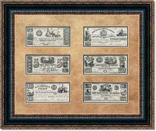 Texas Money with 6 Bills Moneda histórica enmarcada en papel de archivo, tinta ultra cromada resistente a la decoloración 21L X 25W