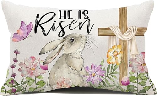 Fundas de almohada lumbar de Pascua de 12 x 20 pulgadas, diseño de conejito de primavera con acento cristiano, funda de almohada decorativa de lino