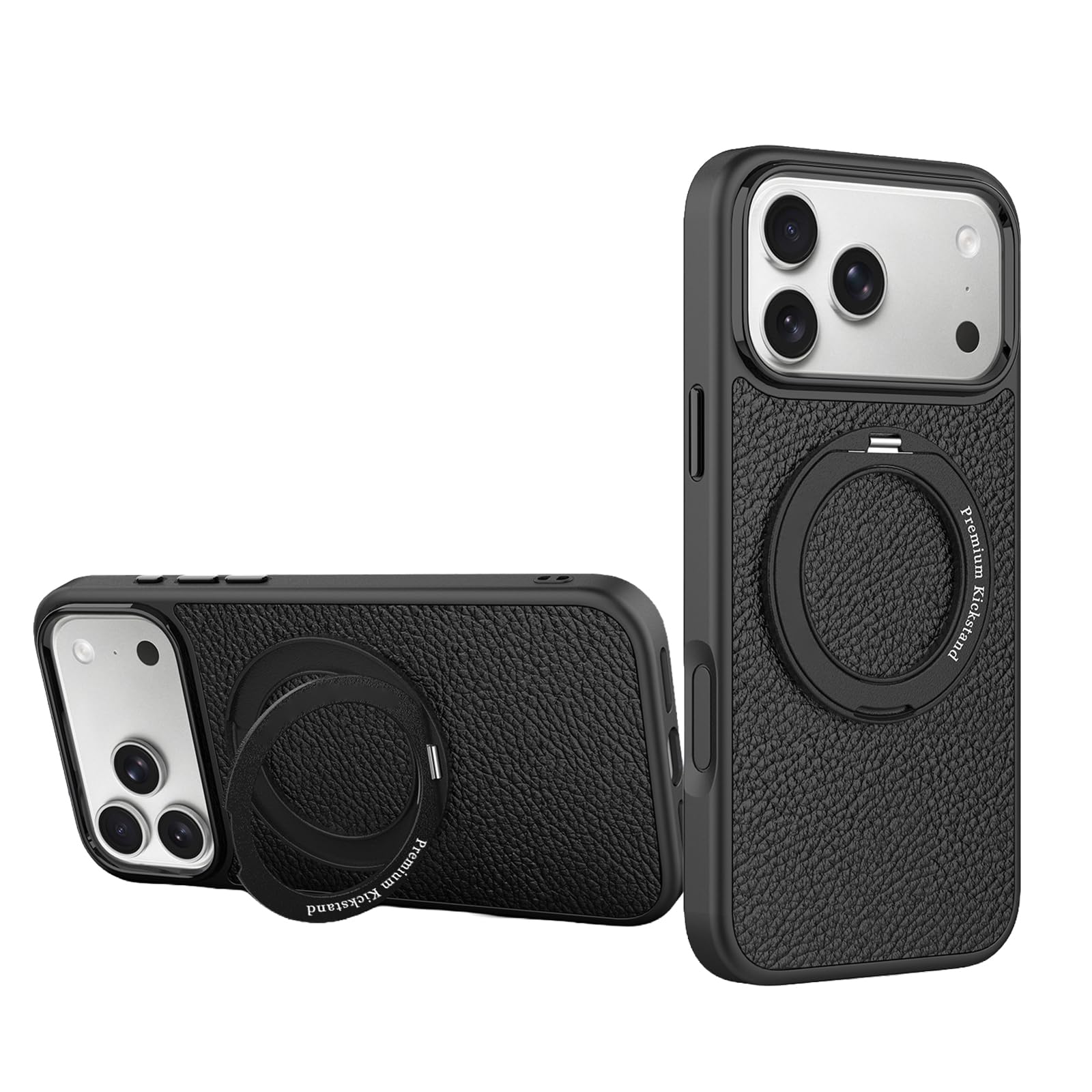 Coque cuir iPhone 17 Pro Max avec bague support mince élégant noir