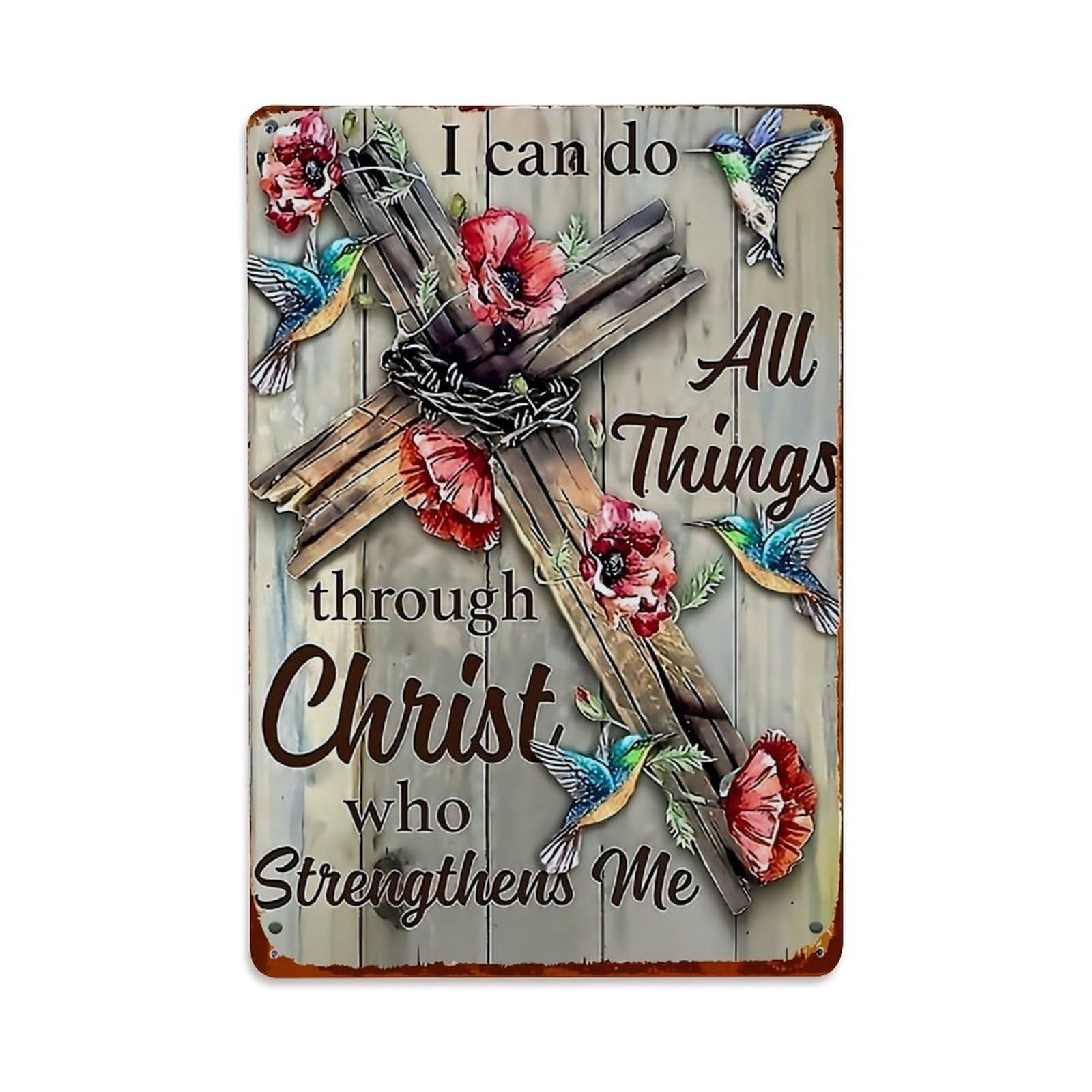 Jdfenggu Vintage Cross With Flowers Hummingbirds Retro Metal Tin Sign, Metal Poster For Bar, Home, Man Cave, Kitchen, Laundry Room Art Decor 8X12 Inch