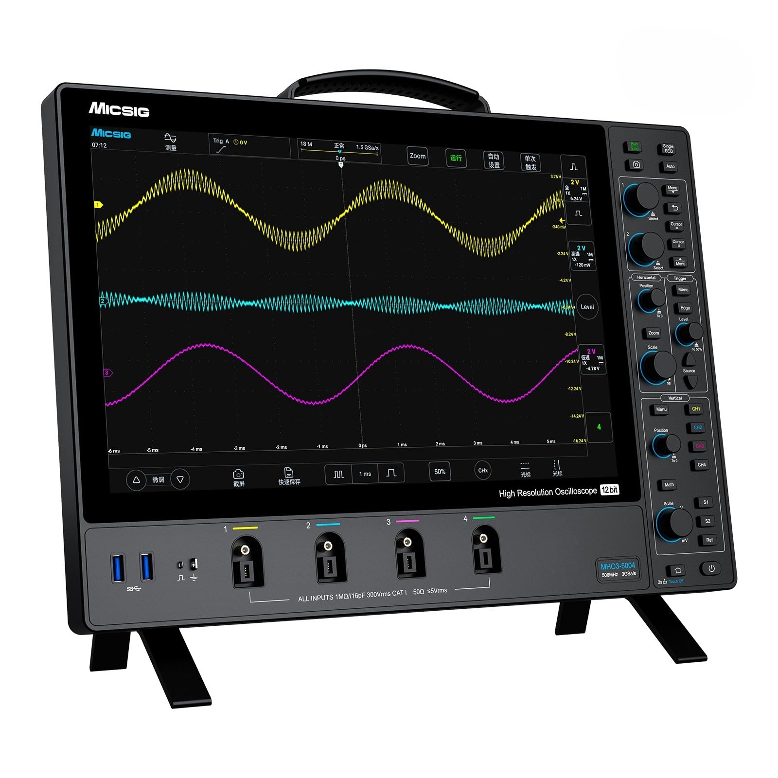 Micsig High Resolution Oscilloscope MHO2504/MHO3504/MHO5004 MHO 3 Series Vertical Resolution 12bit 4 Channel Digital Oscilloscope 250 350 500Mhz Full Touch Screen Lab Oscilloscope(MHO3504 350Mhz 4CH)