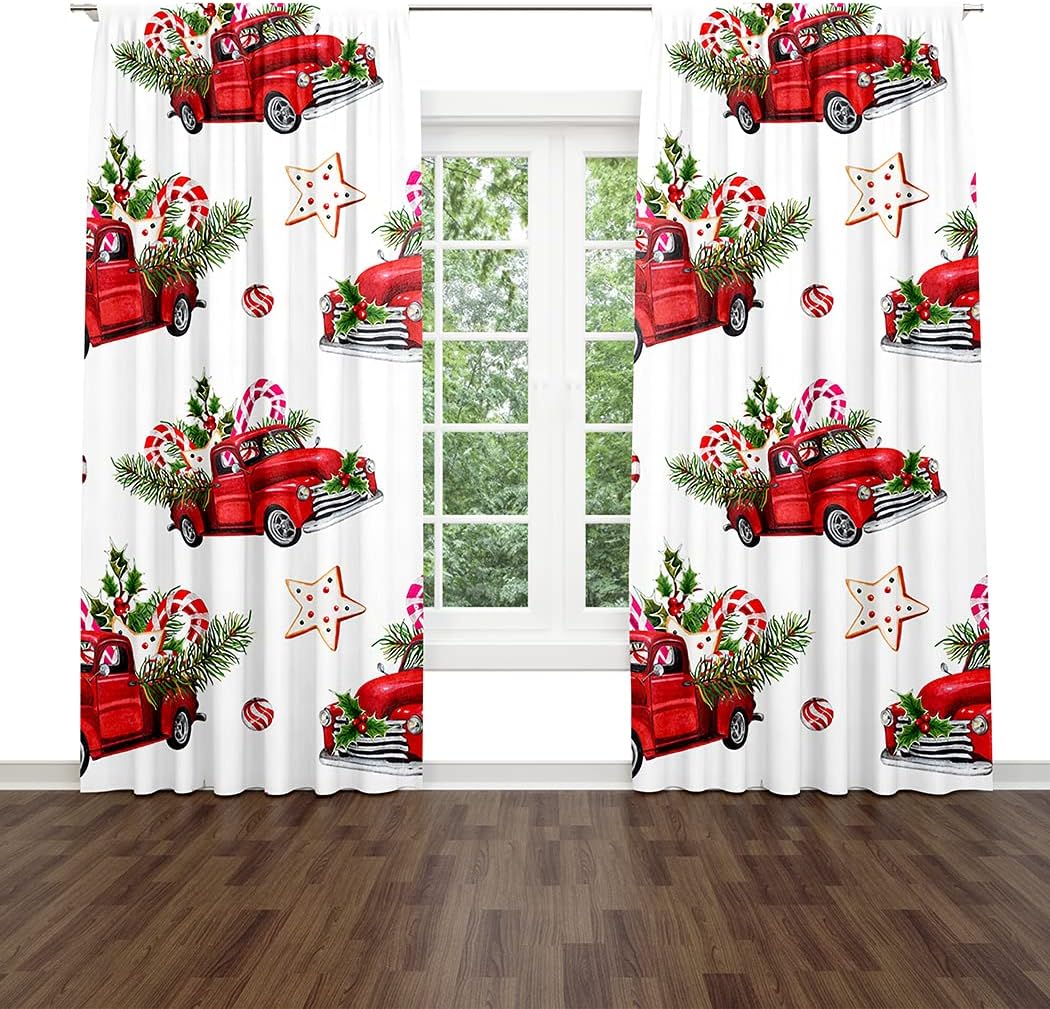 Christmas Window Drapes Curtain Watercolor Christmas Toy Model Truck Loaded Sweets Spruce Twigs Rod Pocket Drapes Curtain for Living Room Home Decor 26x84 Inches 2 Panels