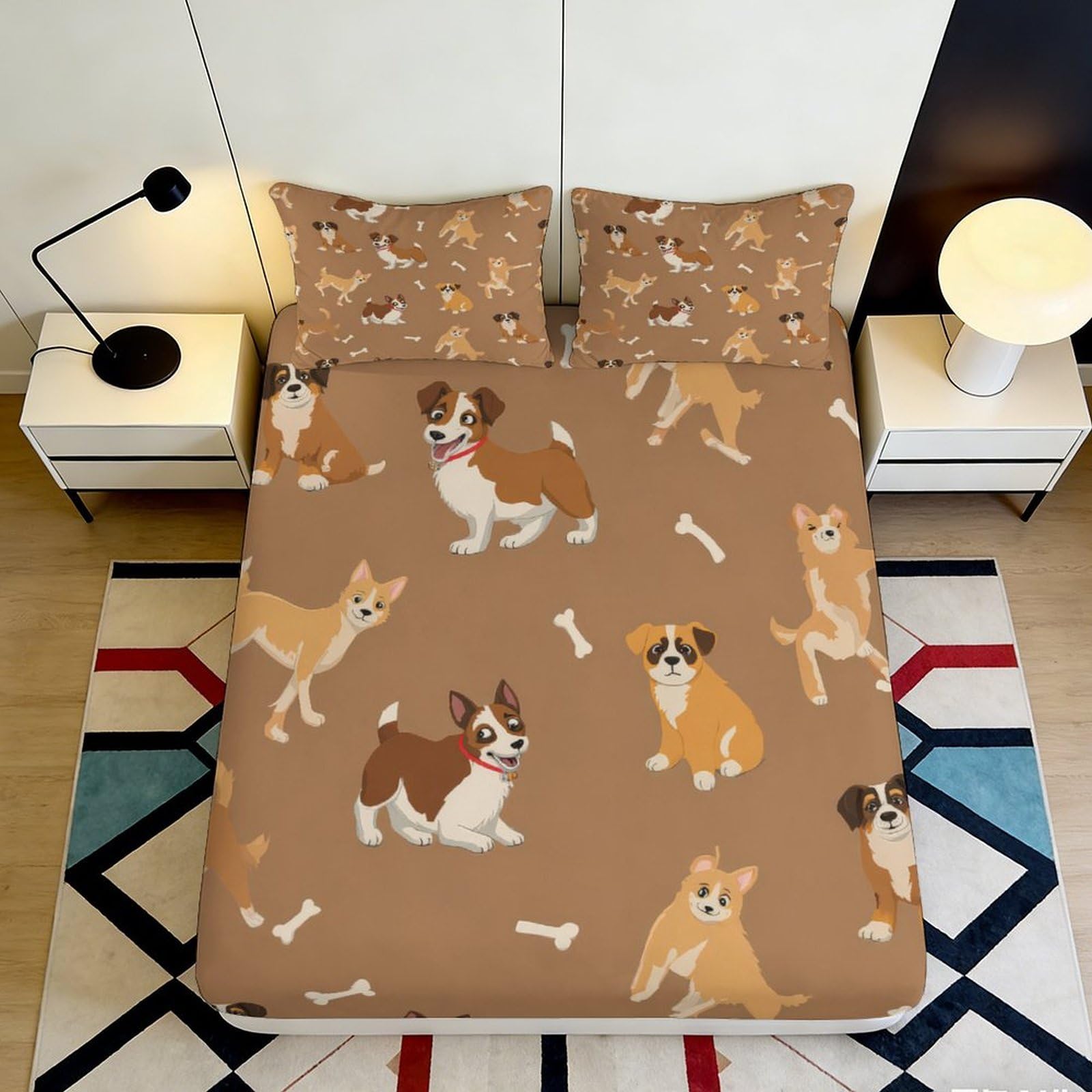 3D Printed Dog Pattern Fitted Sheet Microfiber Soft Durable Cartoon Puppy Bed Cover for Bedroom Dormitory Guest Room Mattress Protection Decor 160x200x25cm