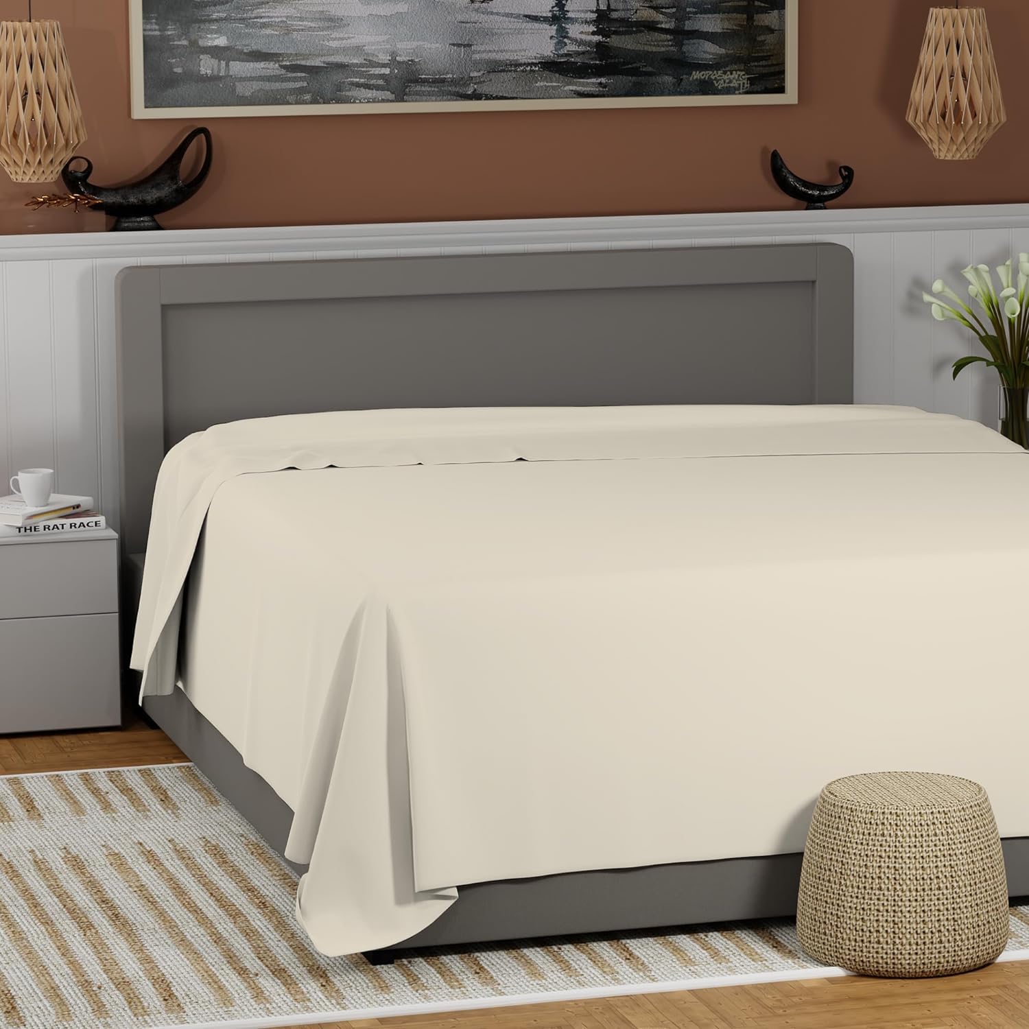 Night Zone Flat Sheet 100% Egyptian Cotton 800 Thread Count Hotel Quality Flat Bed Sheet (Cream, Single)