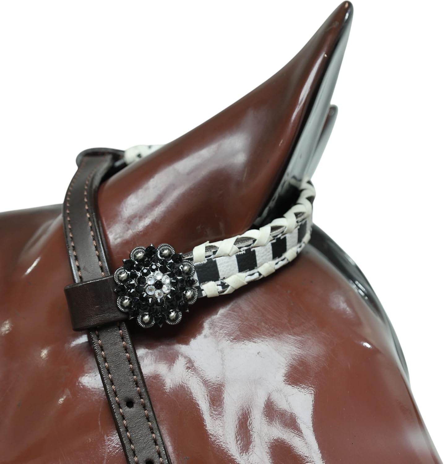 Western Leather Headstall and Gladiator Breast Collar Set – Criss Cross Rawhide Braiding with Finish Line Print & Black Alligator Inlay – Argentina Cow Leather Race Day Tack for Horses