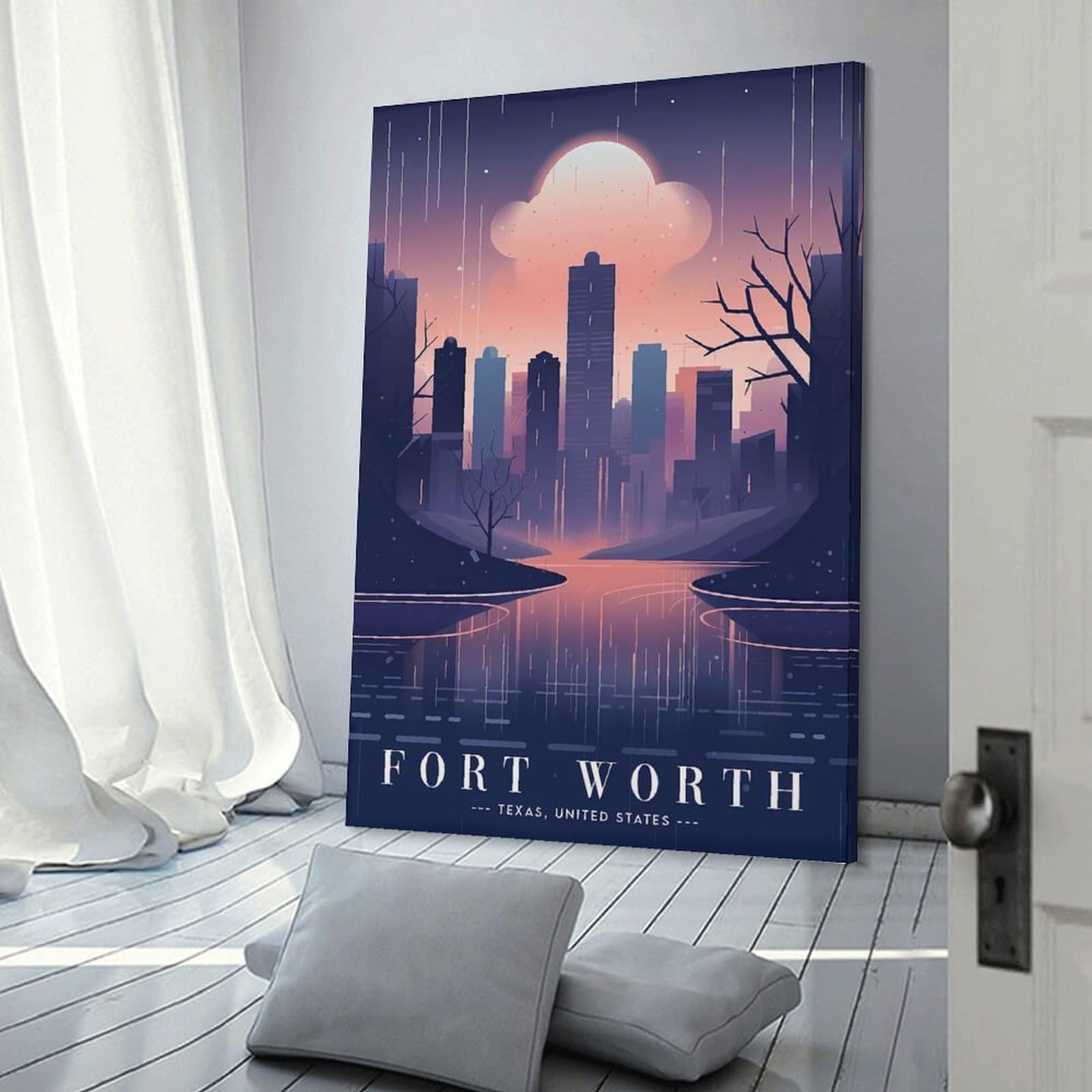 Junmoney Fort Worth Urban Skyline Canvas Wall Art, 24x36inch(60x90cm), for Living Room, Bedroom, Office Or Hallway, Versatile Wall Decor for Many Rooms