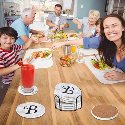 Miniatura 5 de Posavasos con monograma para absorbentes de bebidas con soporte, juego de 6 posavasos de cerámica estilo mármol con base de corcho, posavasos