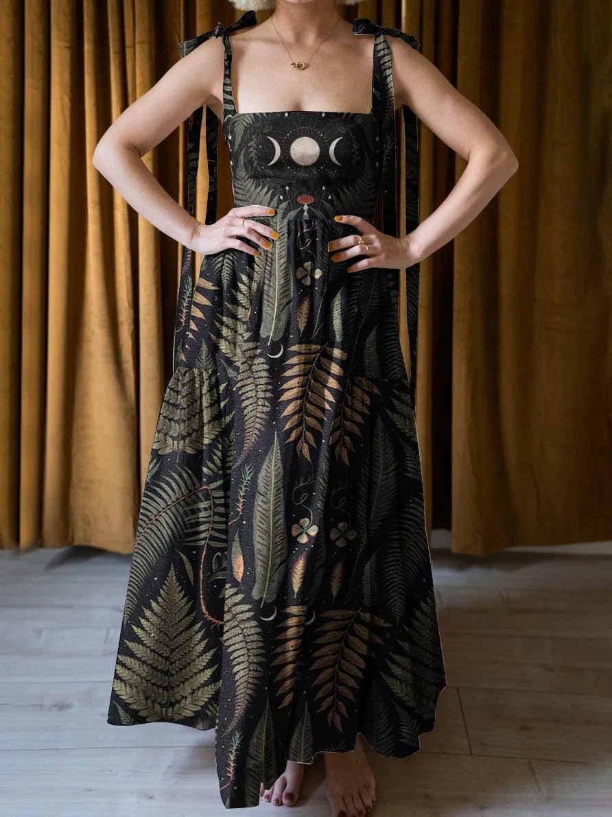 Womens Summer Sun Dress Gothic Celestial Maxi Sundresses Casual Witch Flowy Dresses Dating Vacation Outfit