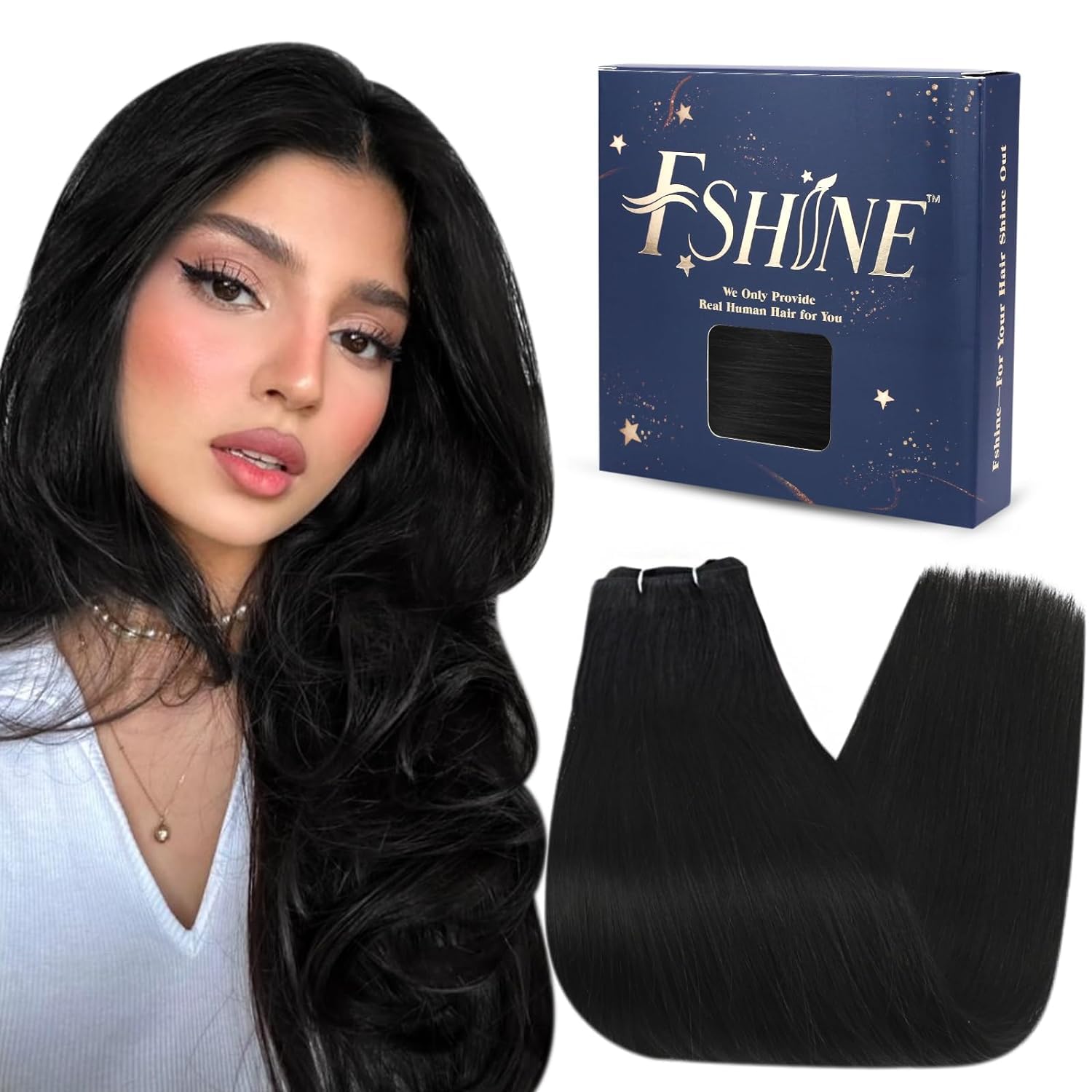 Fshine Real Human Hair Weaving Extensions,20 Inch 100 g,Color 1 Jet Black,Invisible Seamless Natural,No Damage Wear,for Hairstylists Salon Professionals,for Women