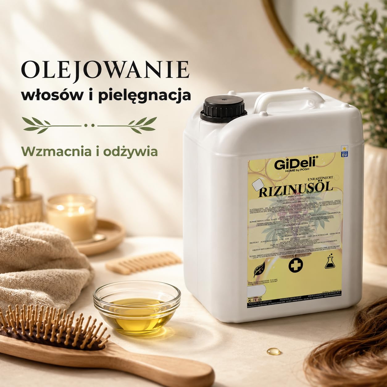 GiDeli Olej rycynowy tłoczony na zimno 10 l – czysty olej rycynowy w Ph. Eur. Jakość do włosów, rzęs i skóry – nierafinowany olejek pielęgnacyjny jako baza do kosmetyków naturalnych DIY – nie zawiera