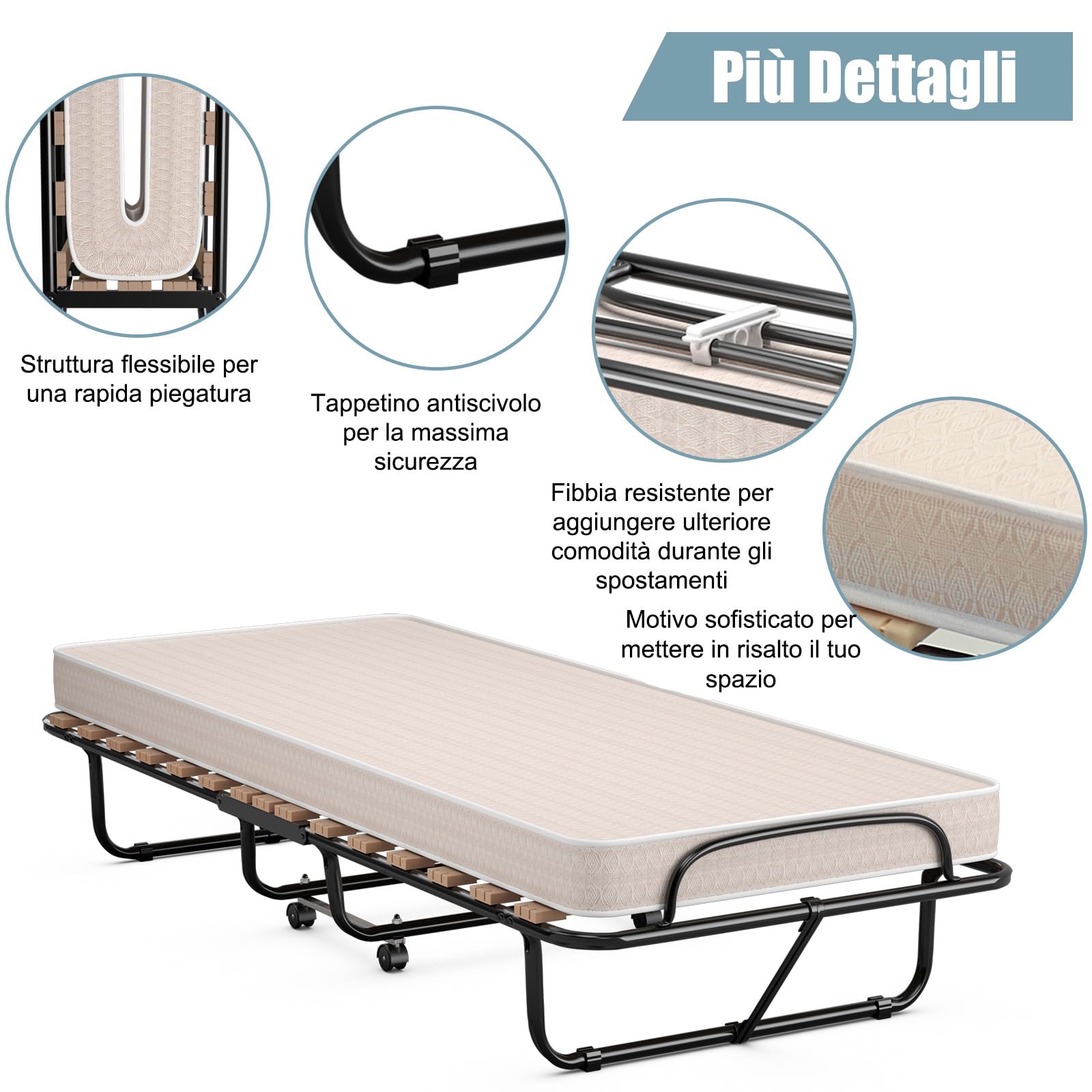 COSTWAY Brandina Pieghevole con Materasso, in Memory Foam, Struttura Resistente e 4 Ruote Girevoli, Lettino Pieghevole per Casa Ufficio, 190x80x33 cm (Beige)