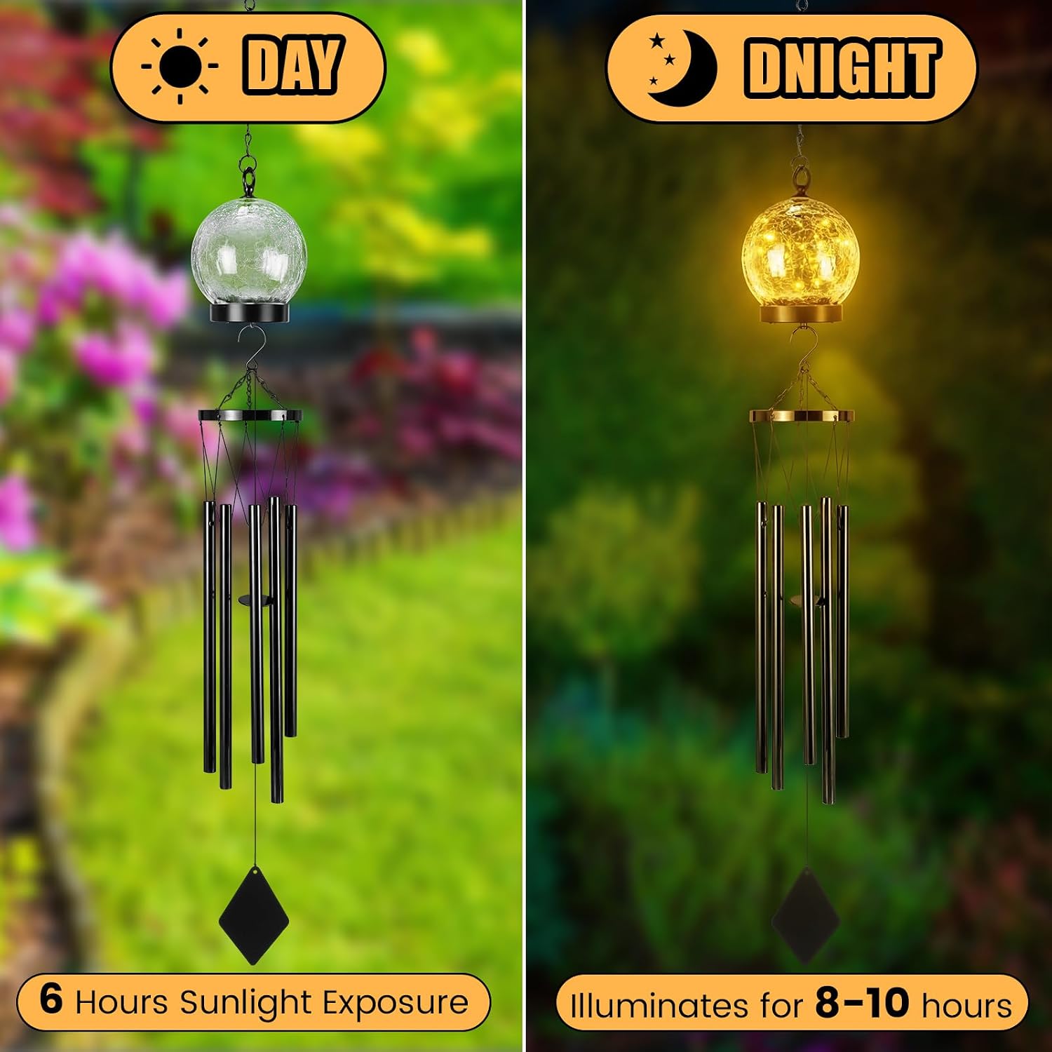 BreezeHug Solar Wind Chimes Outdoor Lights 42 Inch Large Sympathy Gift Chime 15 LED Twinkle Warm White Crackled Glass Ball Hanging Lantern Gifts for Birthday Garden Yard Patio Landscape Decor