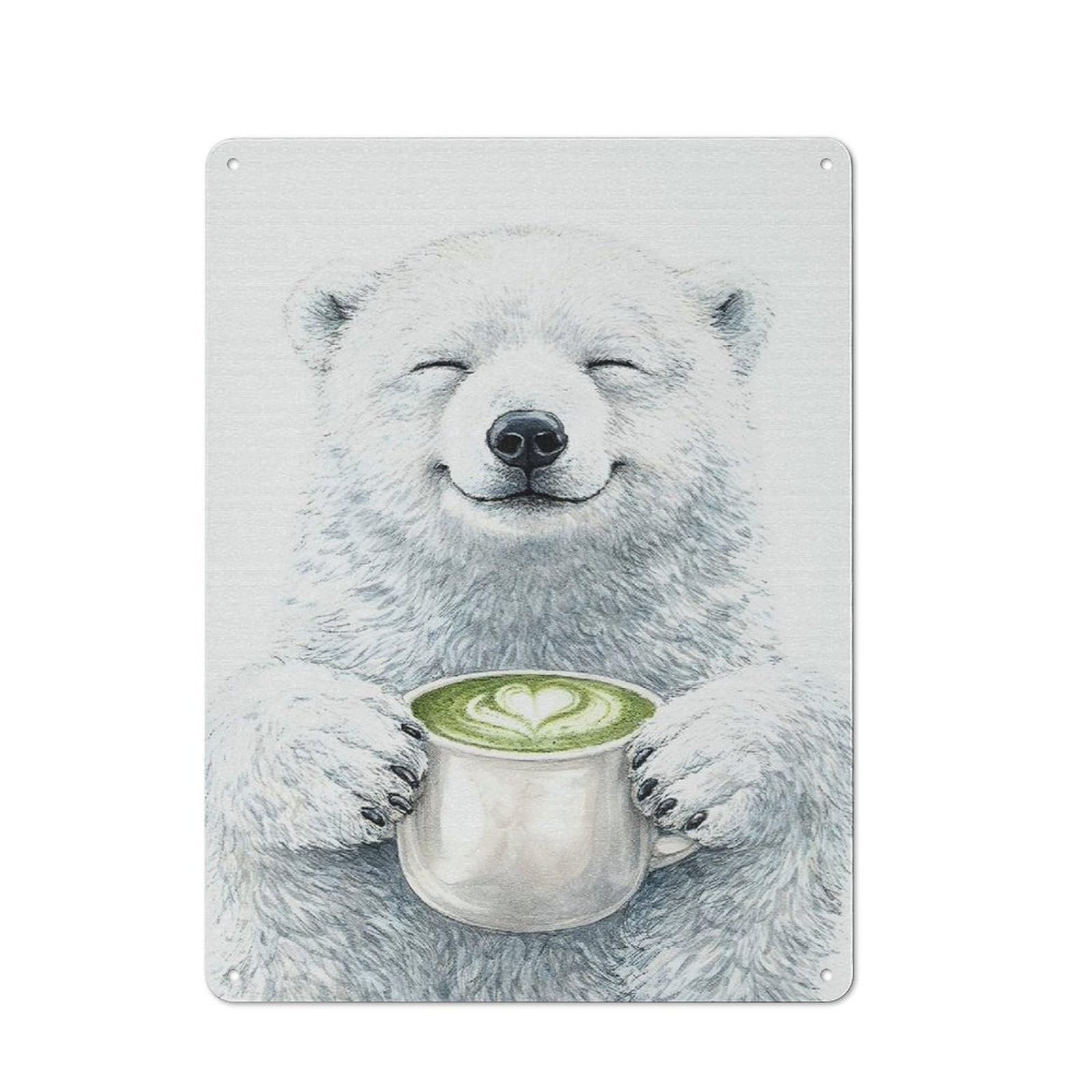 Happy Polar Bear with Matcha Latte Metal Wall Plaque 40x30cm, Vintage Nostalgic Wall Art for Bedroom, Office, Home Bar Or Dining Room