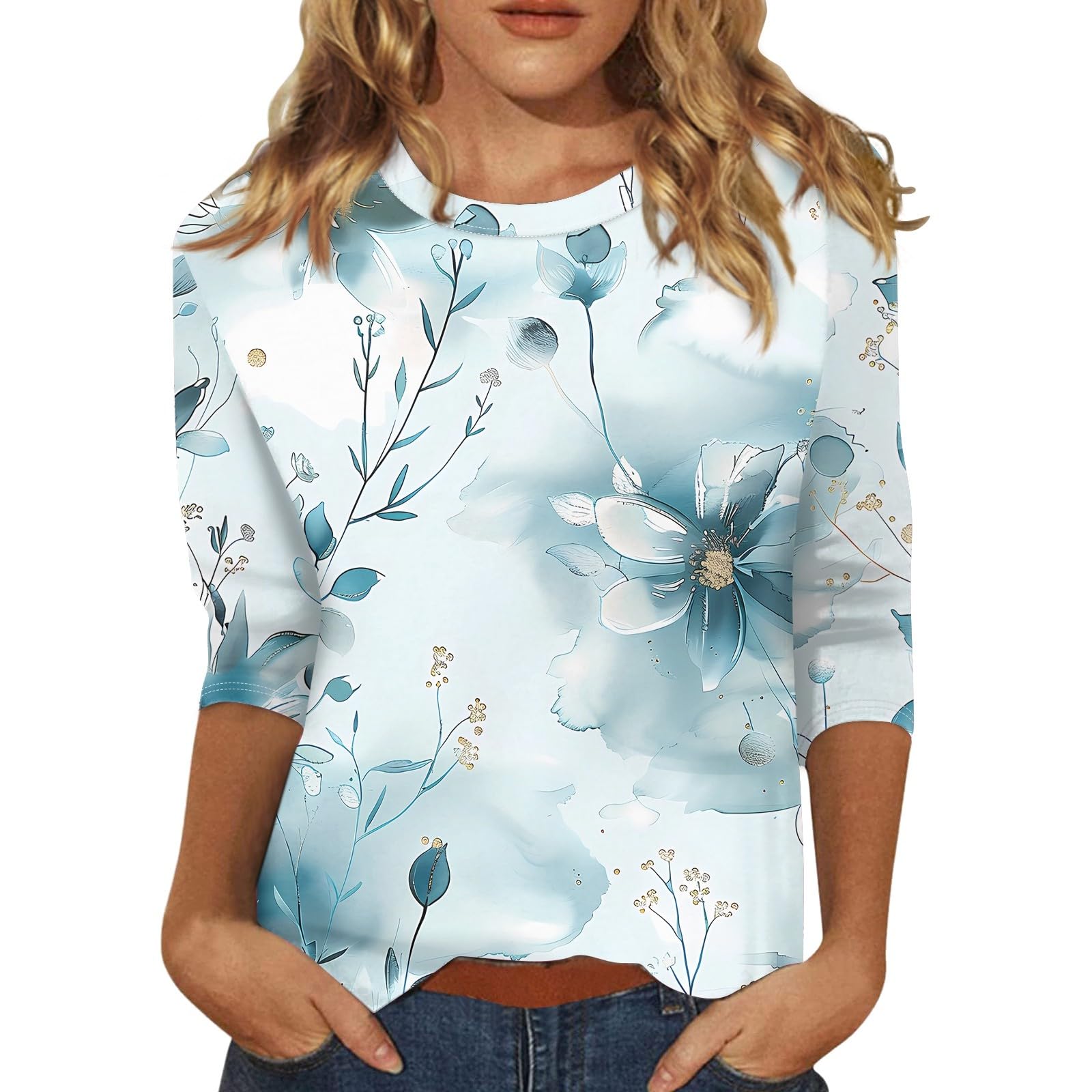 HTHLVMD Womens 3/4 Sleeve Fall Fashion Tops 2024 Oversized Causal Crewneck Print Shirts for Women 2024