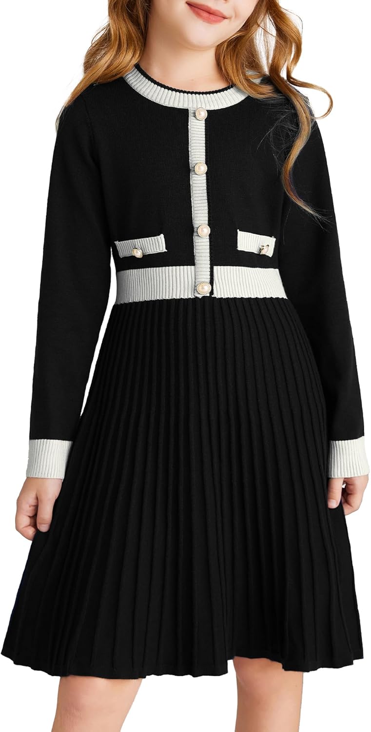 GRACE KARIN Girls Sweater Fall Dress Long Sleeve Knit A Line Contrast Casual Winter Dresses 6-14Y