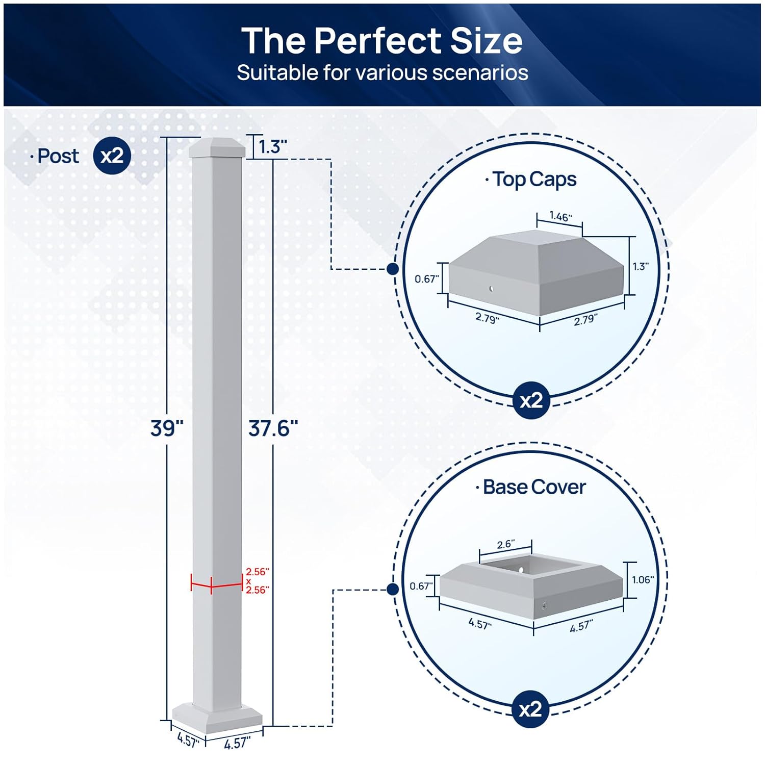 Egadis 2 Pack 2.56 in. x 2.56 in. x 39 in. Deck Railing Post with Screws, Aluminum Railing Post, White Outdoor Textured Powder-Coat Finish Stair Post for Decks, Porches & Balconies (2 Post)