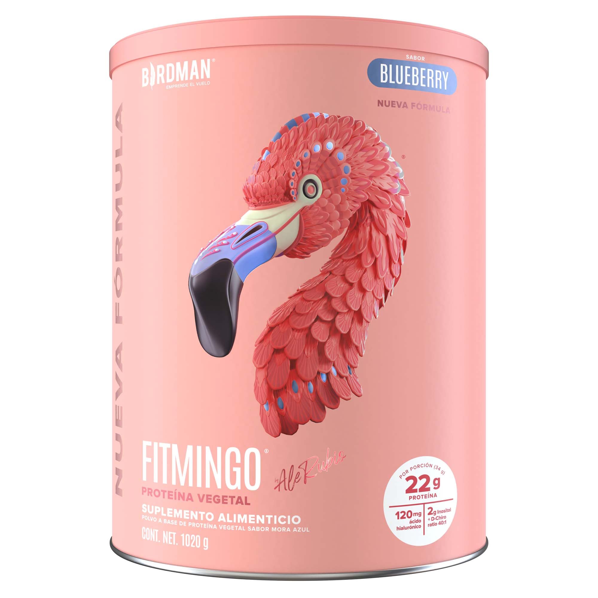 Birdman Fitmingo Proteína Vegana | Potenciadores de Colágeno, Inositol y Ácido Hialurónico | Vitamina D3, Zinc | Enzimas Digestivas | Sabor Blueberry | 1.02kg - 1020g (30 porciones)