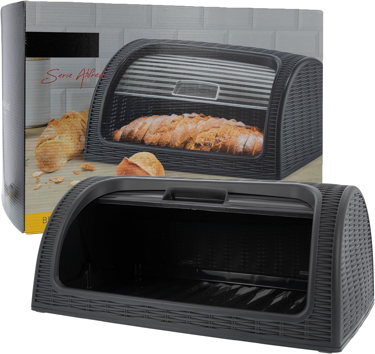 Posten Anker Plastic Bread Bin Storage for Baked Goods, 41 x 26 x 18 cm, Stylish Bread Box, Store Bread Fresh, Grey Anthracite