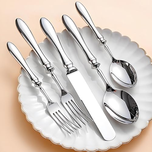 Miniatura 7 de Juego de cubiertos de 50 piezas de acero inoxidable vintage europeo para 10, mango ergonómico cómodo, pulido, apto para lavavajillas, juego de