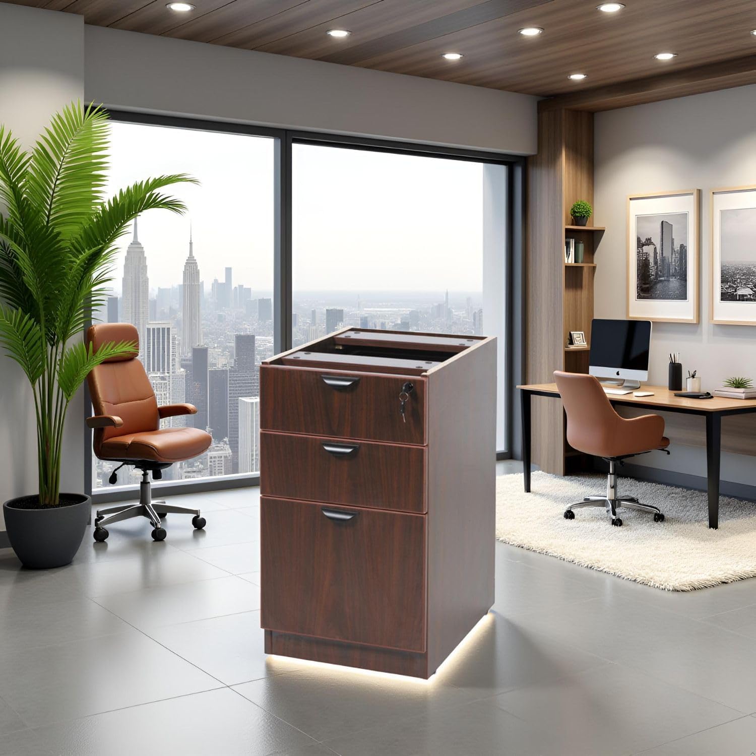 Mahogany Deluxe Full Pedestal Box File Configuration Thermal Fused Melamine Construction 3mm PVC Edge Banding Scratch Resistant Finish Full Extension Ball Bearing Slides Contemporary Design
