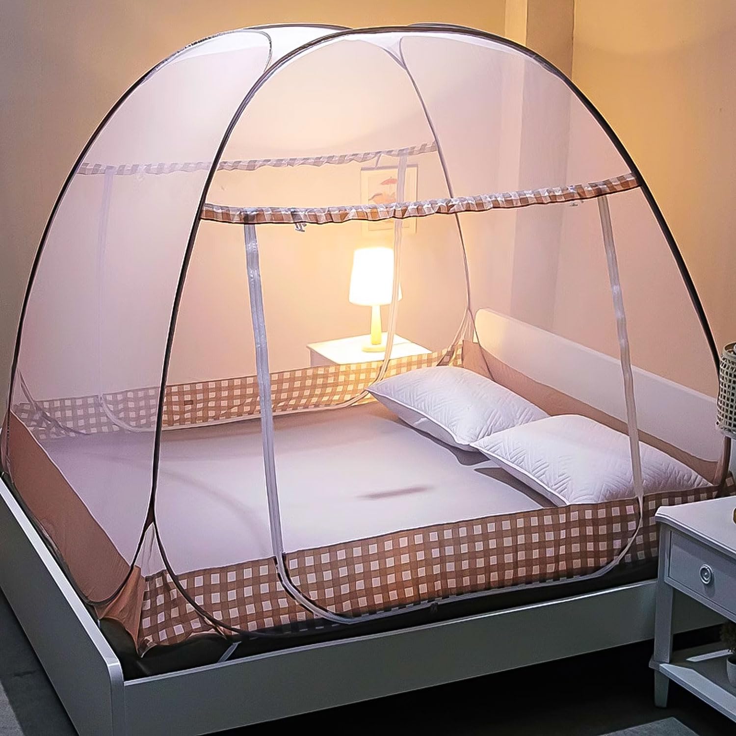 Zanzariera pieghevole per letto - Portatile per viaggi, Pop-Up a doppia porta, grande per camera da letto, all'aperto, campeggio, picnic (Marrone, 190x100x100 cm)