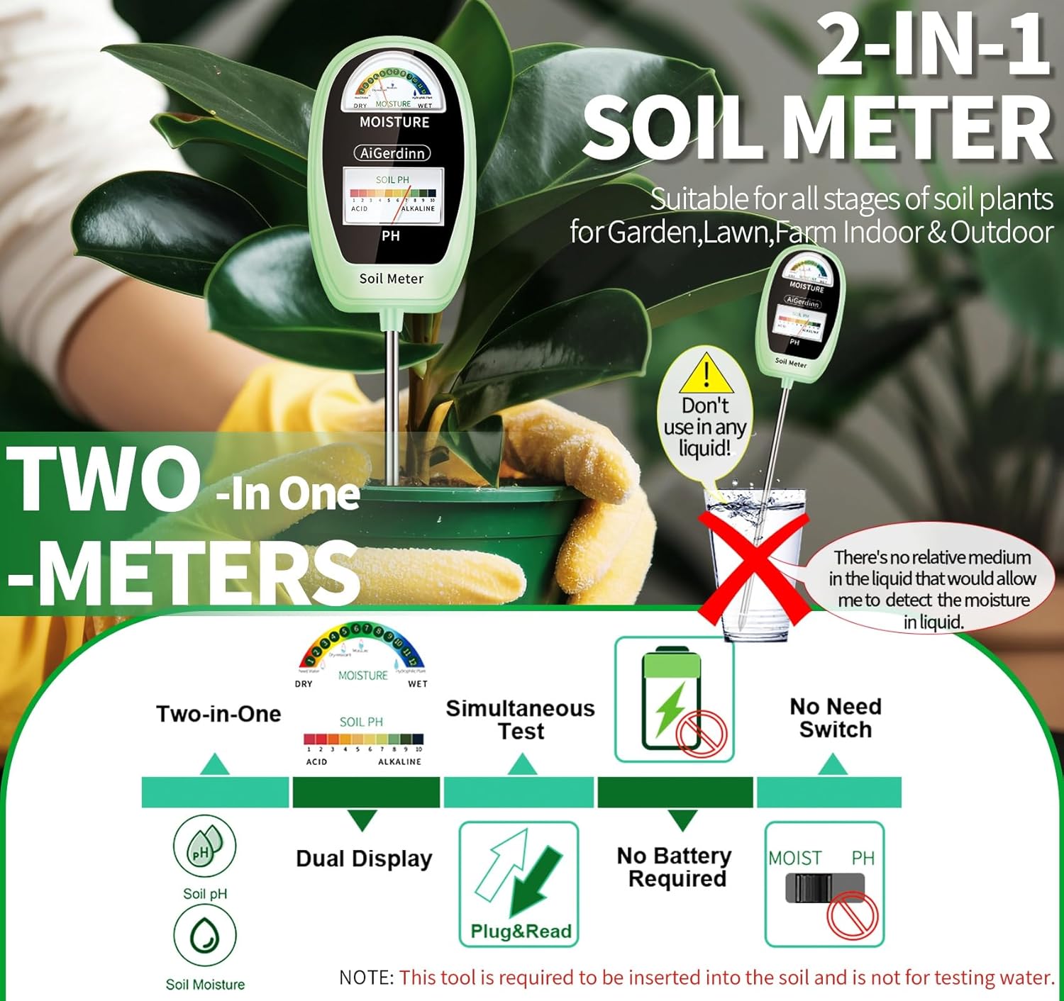 Soil Test Kit, 2-in-1 Soil Moisture Meter, Soil pH Meter -Dual Dial-Simultaneously-Display Results-Soil pH Tester, Moisture Meter for House Plants,Garden,Lawn,Farm Indoor&Outdoor-Green
