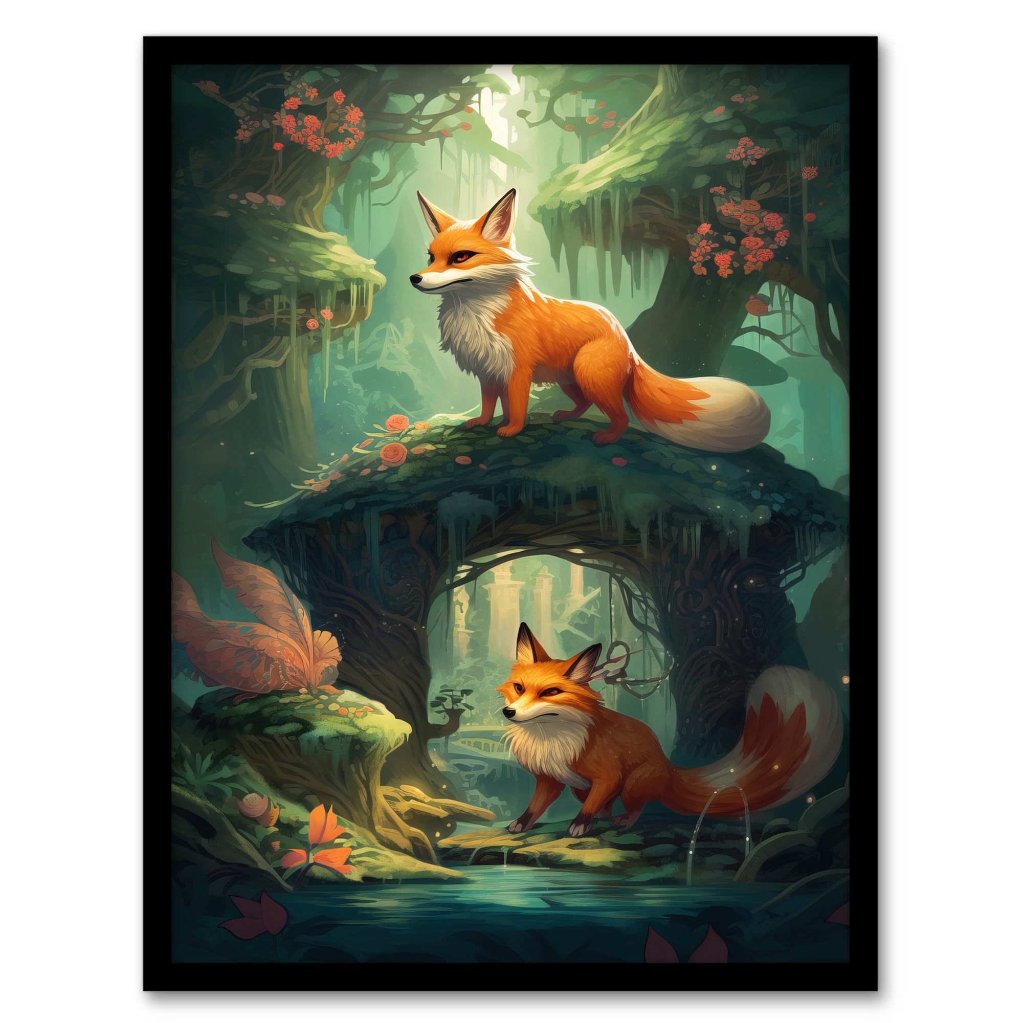 Artery8 Kitsune Fox Spirits Painting Spring Blooms and Mythical Creatures in an Enchanted Forest Landscape Artwork Framed Wall Art Print A4