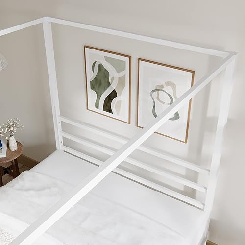 Miniatura 18 de ikalido Marco de cama con dosel de metal de tamaño matrimonial, marco de cama moderno con plataforma de cuatro posters, base de colchón, espacio de