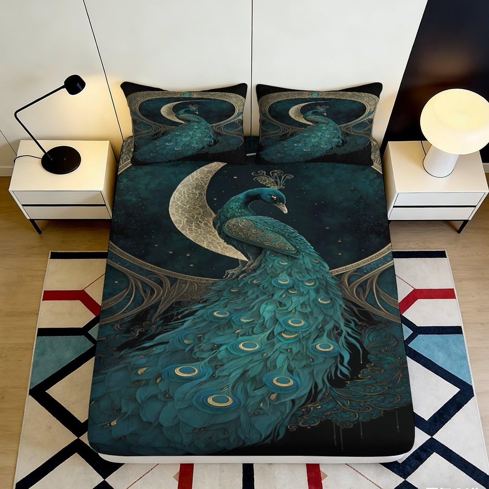 Jqzkxnhpbr Style-3 3D Printed Peacock Moon Fitted Sheet Microfiber Soft Decorative Bed Cover For Bedroom Guest Room Dorm Mattress Protection 90X200x25cm