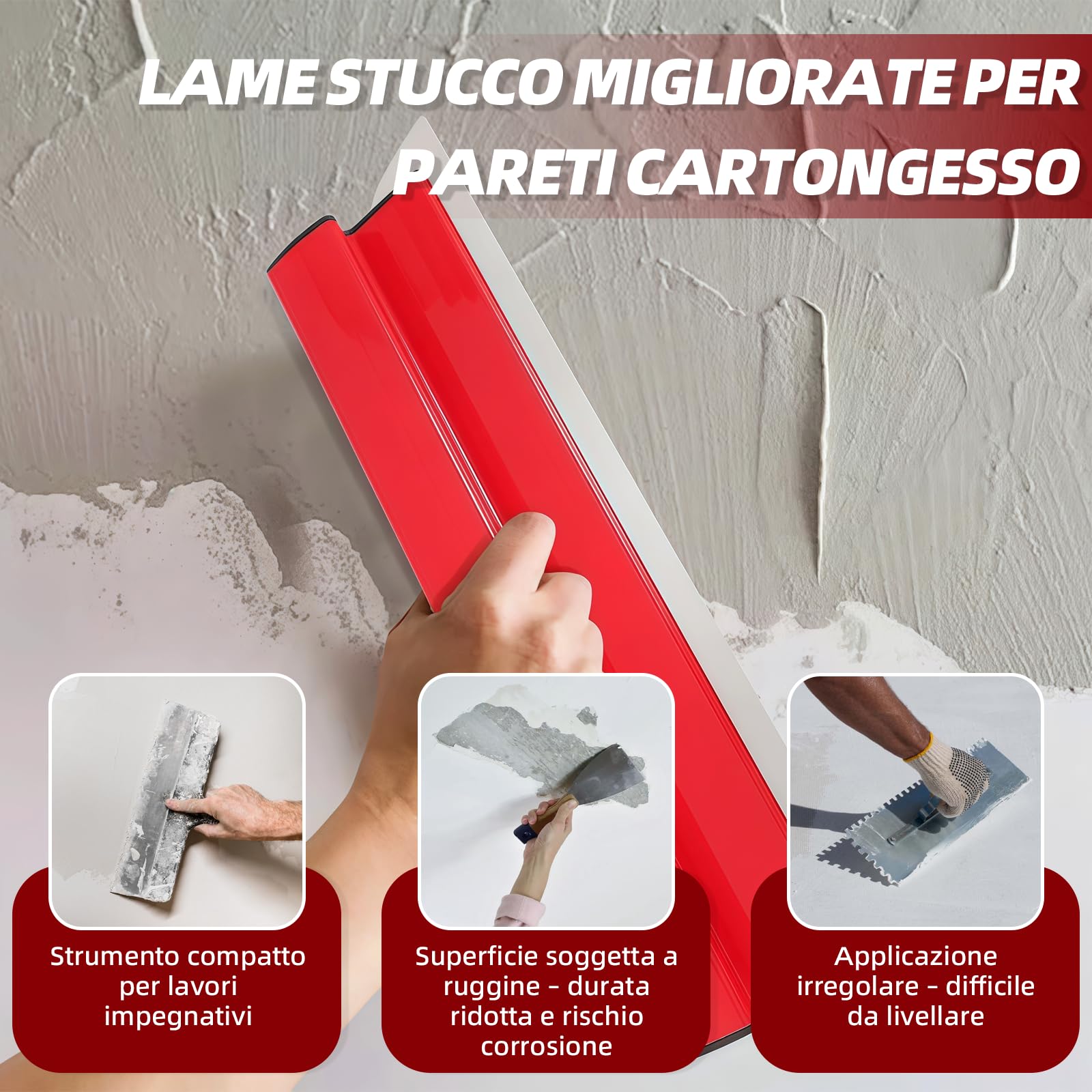 Set spatole ANEELV, 3 lame acciaio 25/40/60cm | Lame acciaio robuste, impugnatura ergonomica. Per lisciare pareti/soffitti, cartongesso, uso versatile