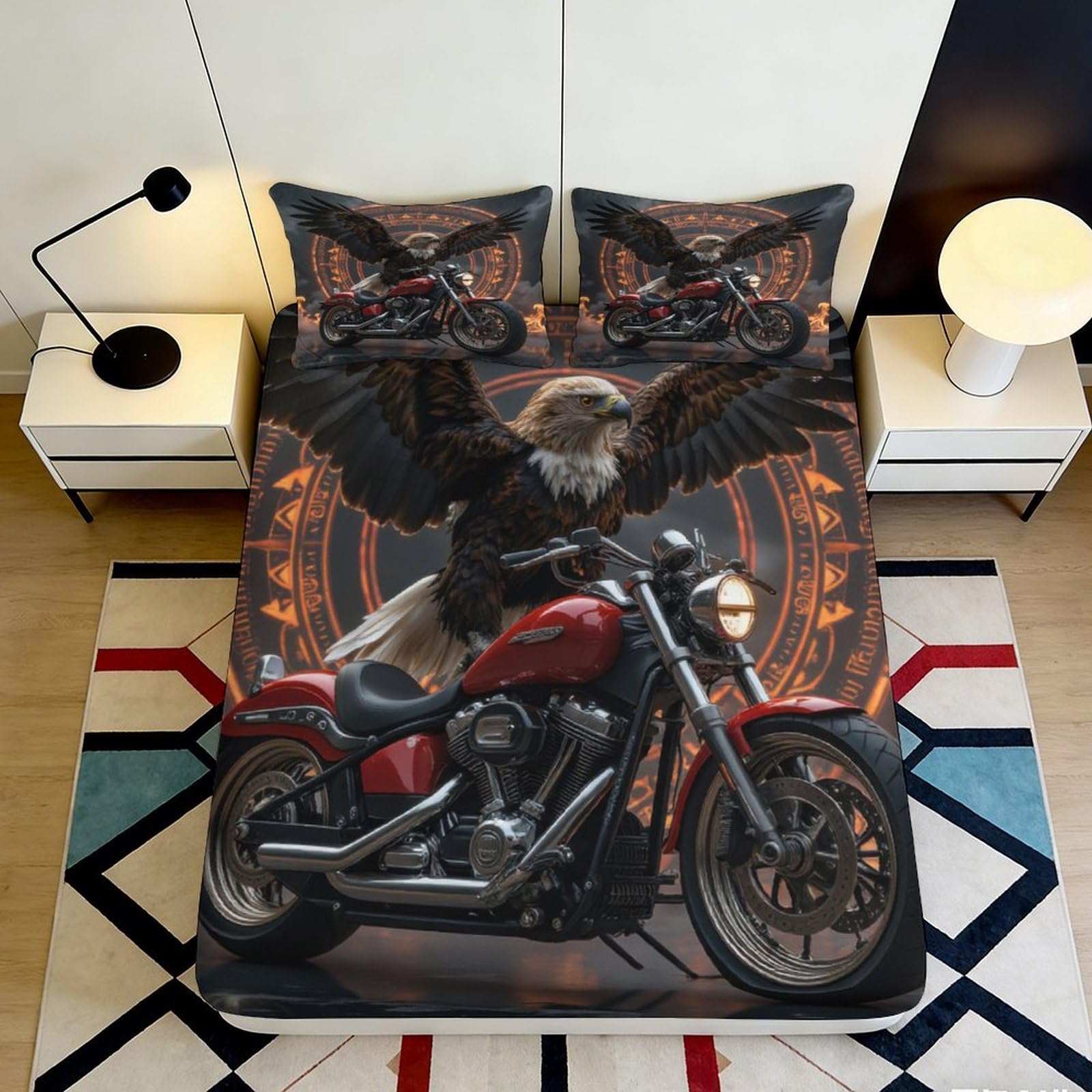 Pnayamiorkfel Style-7 3D Printed Eagle Motorcycle Fitted Sheet Microfiber Soft Red Bike Bed Cover For Bedroom Dorm Mattress Decor 90X200x25cm