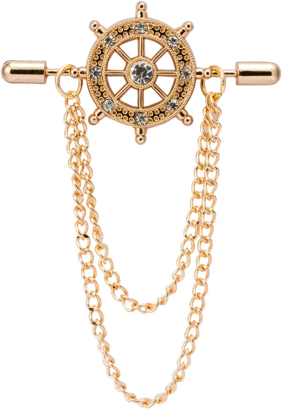 Knighthood Gold Crystal Ship's Steering Wheel with Chain Lapel Pin Badge Coat Suit Collar Accessories Brooch for Men