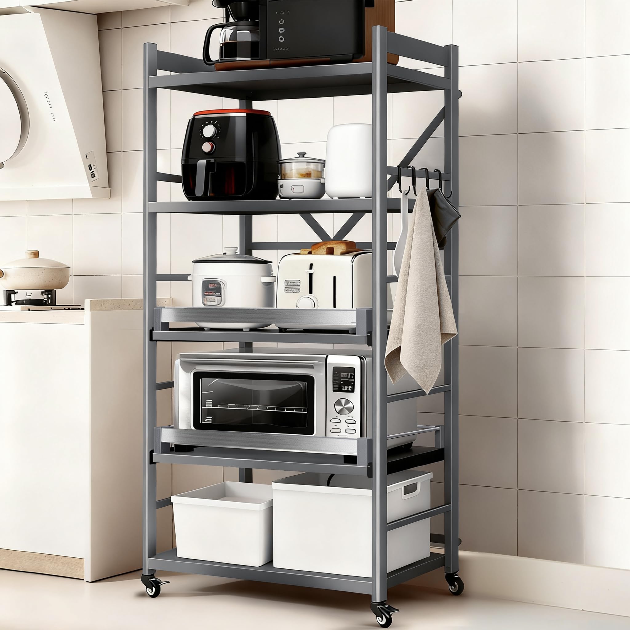 【Fully Open Sliding Shelf Board・15-Minute Easy Assembly】FaitLux Kitchen Rack, Sliding Shelf Board, Microwave Rack, Can Open Rice Cooker, 5-Tier, Width 23.6 x Depth 16.1 x Height 61 inches (60 x 41 x gray (dark gray) 5段-幅60